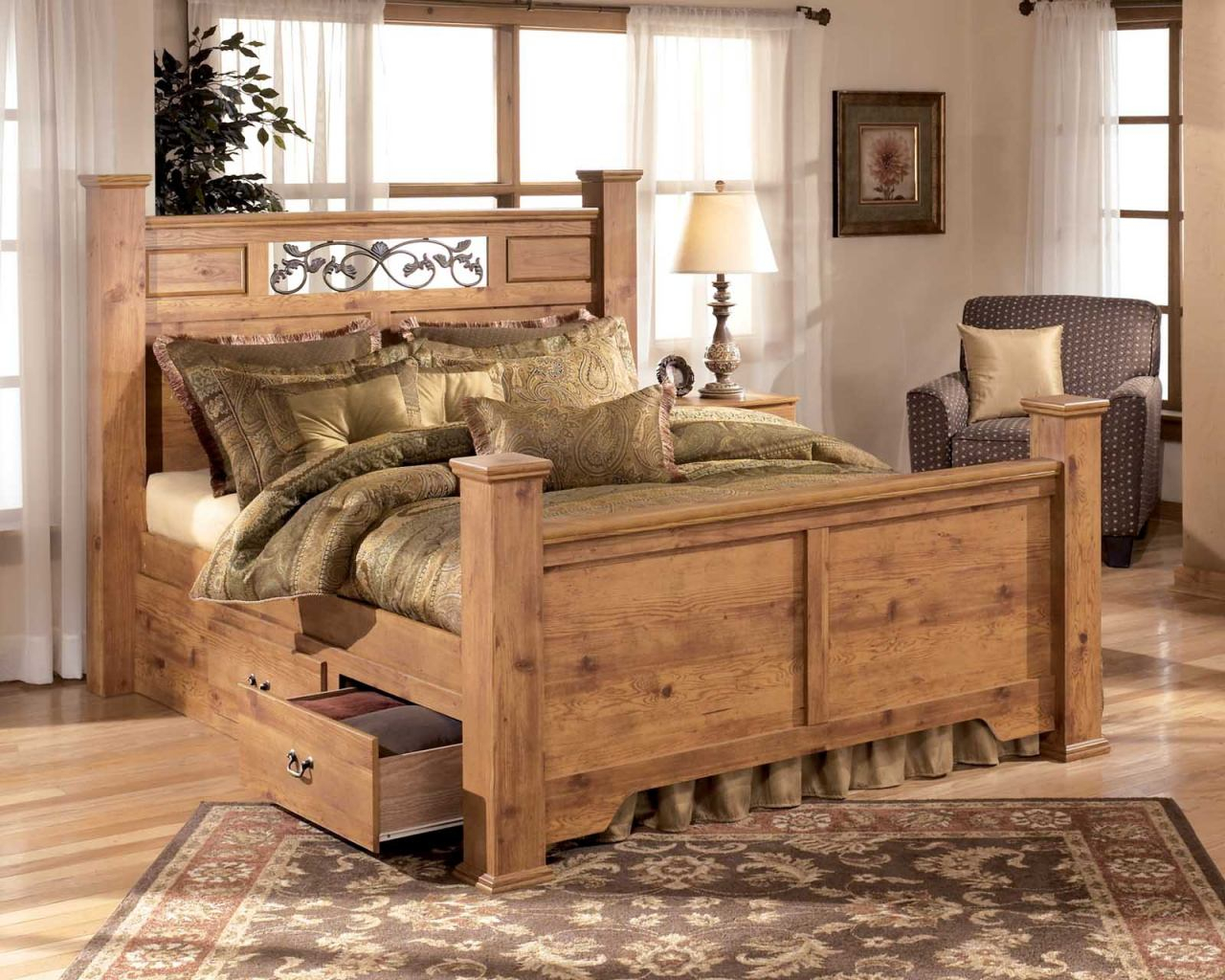 Bittersweet Poster Bedroom Set With Underbed Storage In Pine Grain pertaining to proportions 1280 X 1024