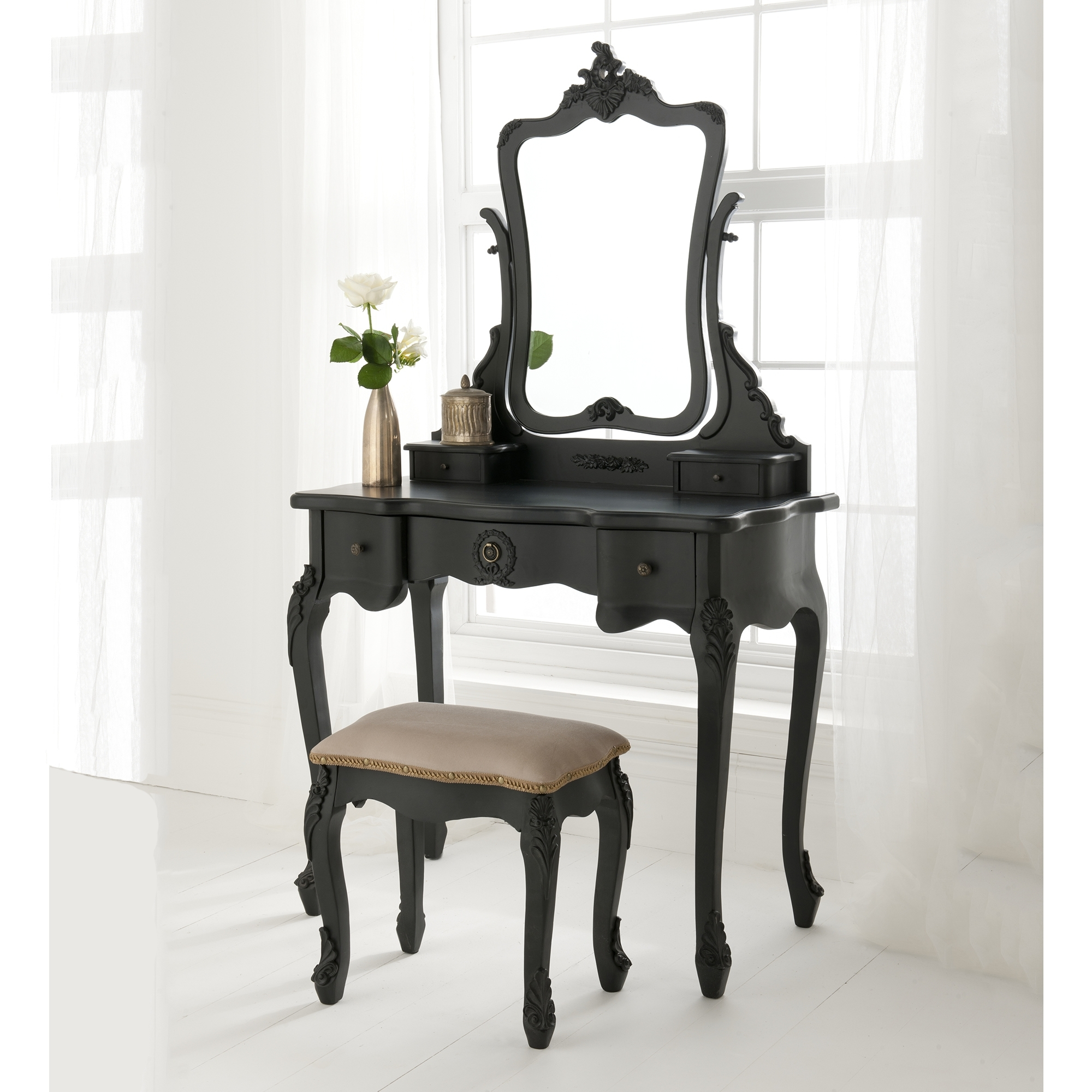 Black Antique French Style Dressing Table Set pertaining to dimensions 2000 X 2000