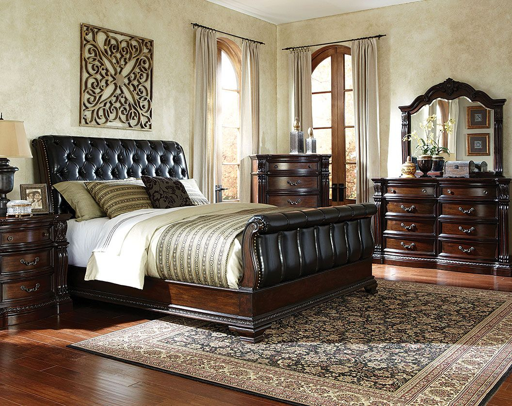 Black Sleigh Bed Suite Leather Like Fabric Churchill Bedroom Set throughout dimensions 1056 X 838