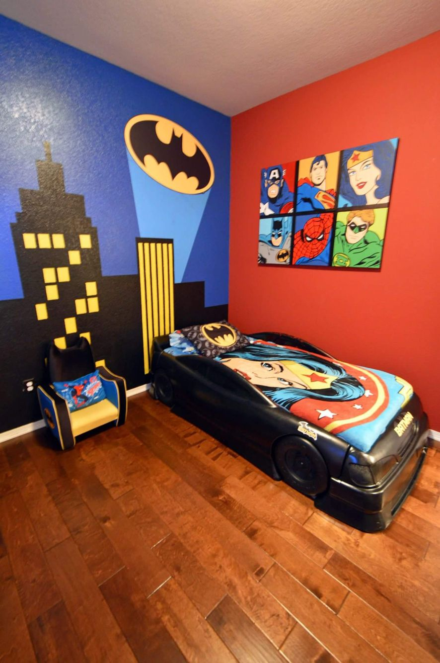 Boys Batman Superhero Themed Room With Bat Signal Over The City within proportions 886 X 1334