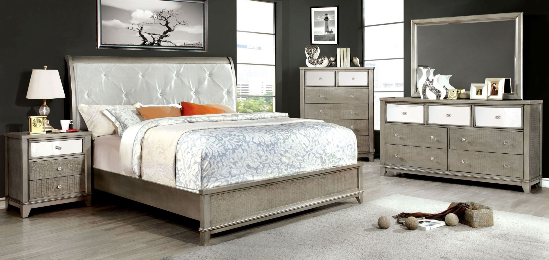 Bryant Silver Crocodile Leatherette Bedroom Set with dimensions 2200 X 1041