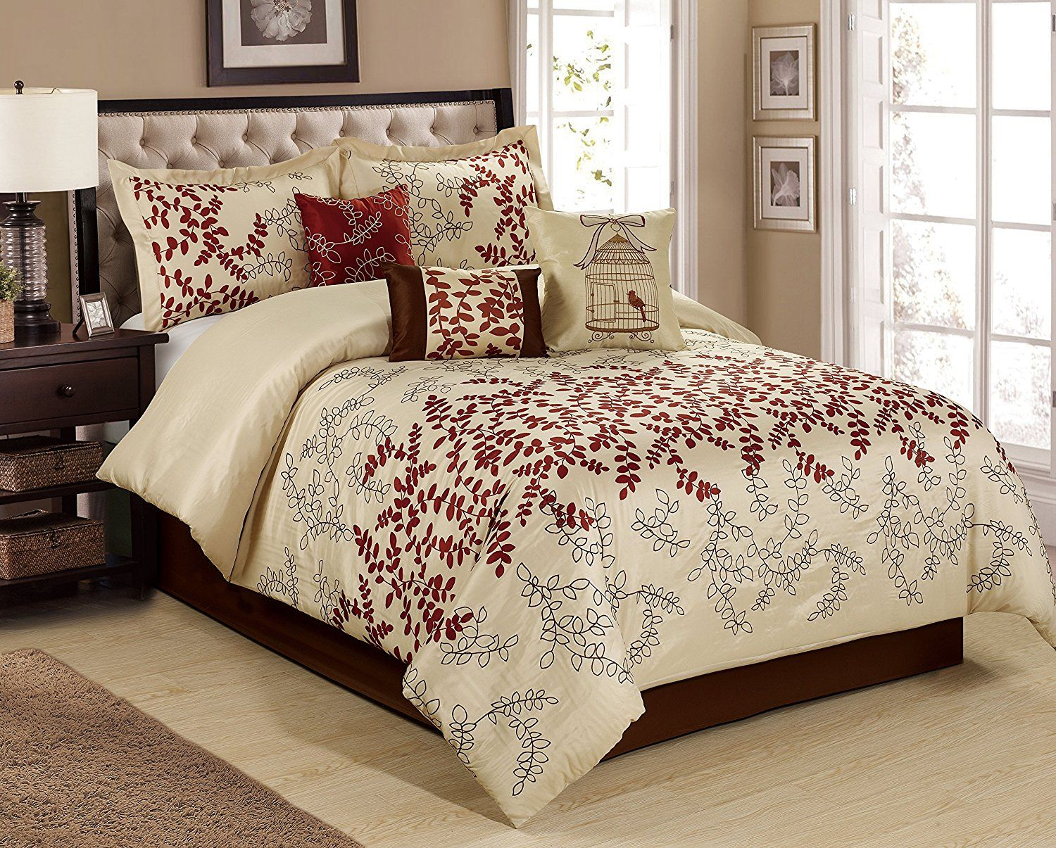 Burgundy Bedding Sets 7 Piece Saratoga Full Of Leaves Embroidered inside proportions 1500 X 1205