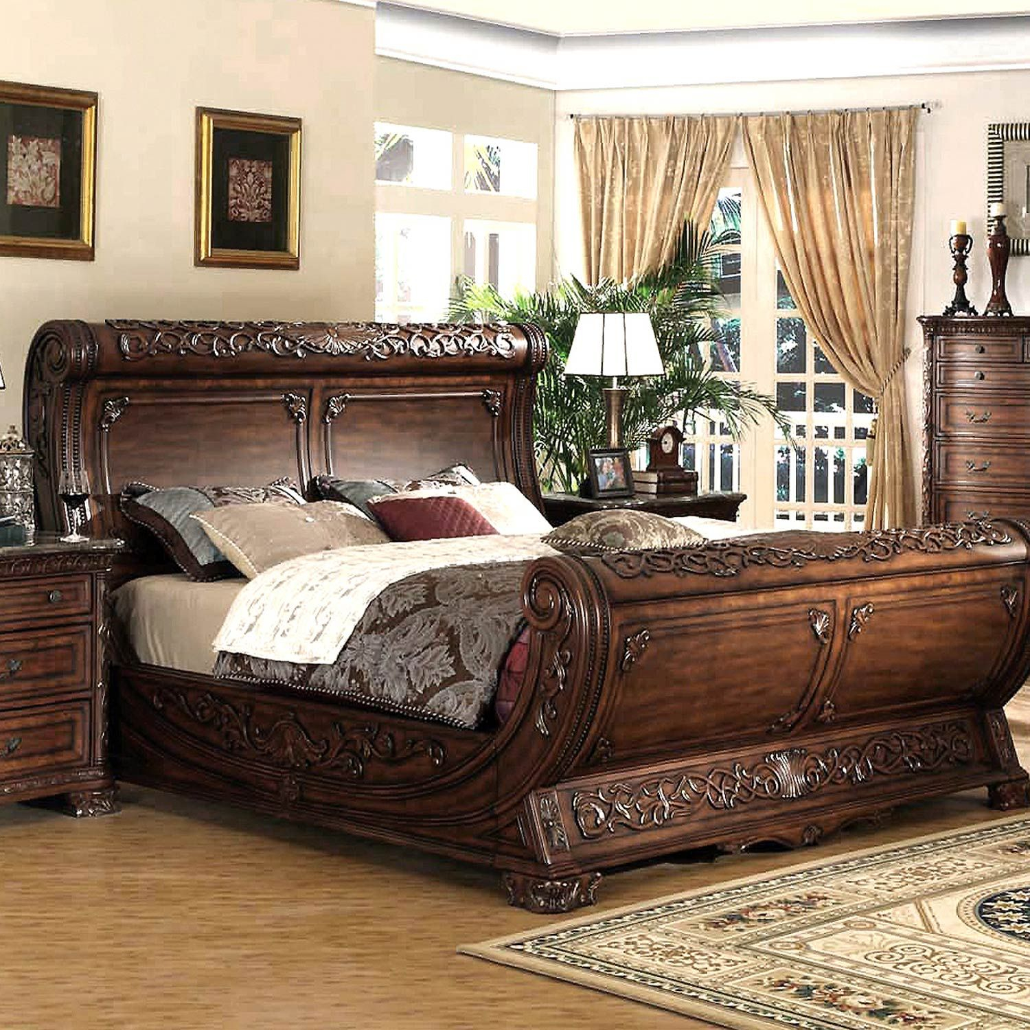 Cannes Gondola Sleigh Bed Carvings Dark Cherry Home with regard to measurements 1500 X 1500