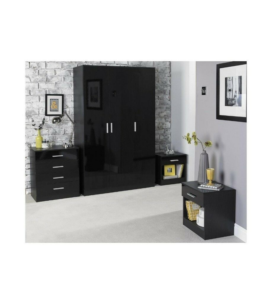 Carleton 4 Piece High Gloss Bedroom Set 3 Door Wardrobe Chest Of Drawers Bedside Cabinet In Black In Newton Heath Manchester Gumtree pertaining to proportions 918 X 1024