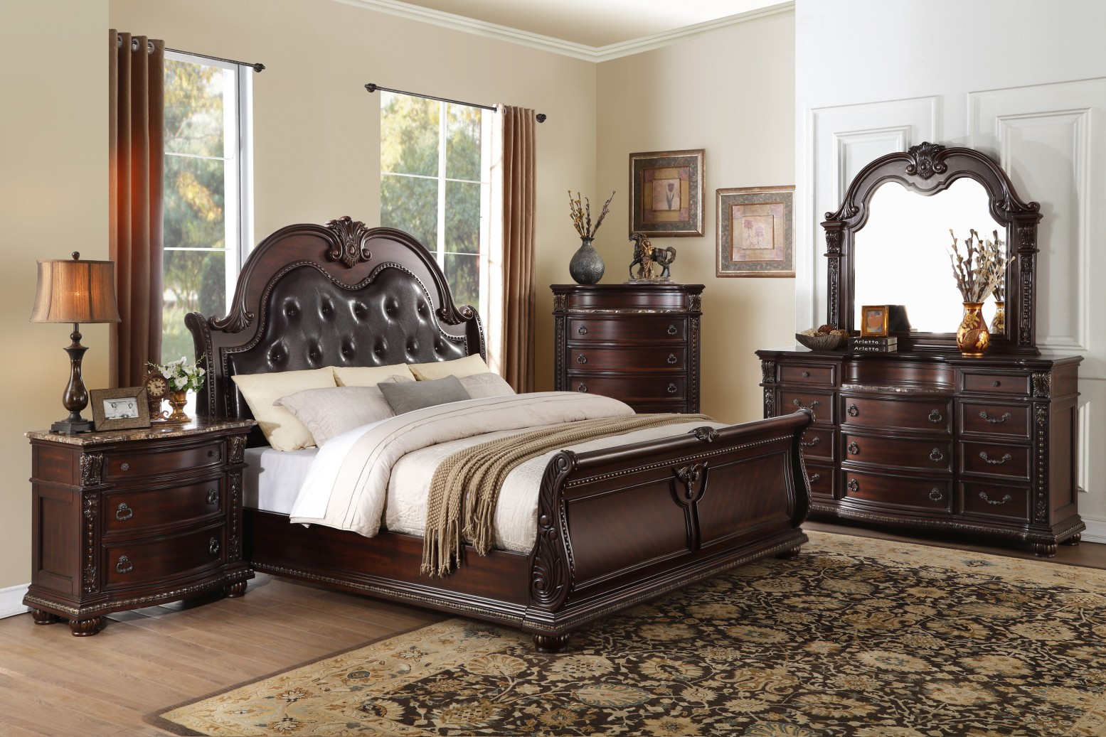 Cavalier Wood Veneervinyl Tufted Sleigh Bedroom Set for measurements 1555 X 1037