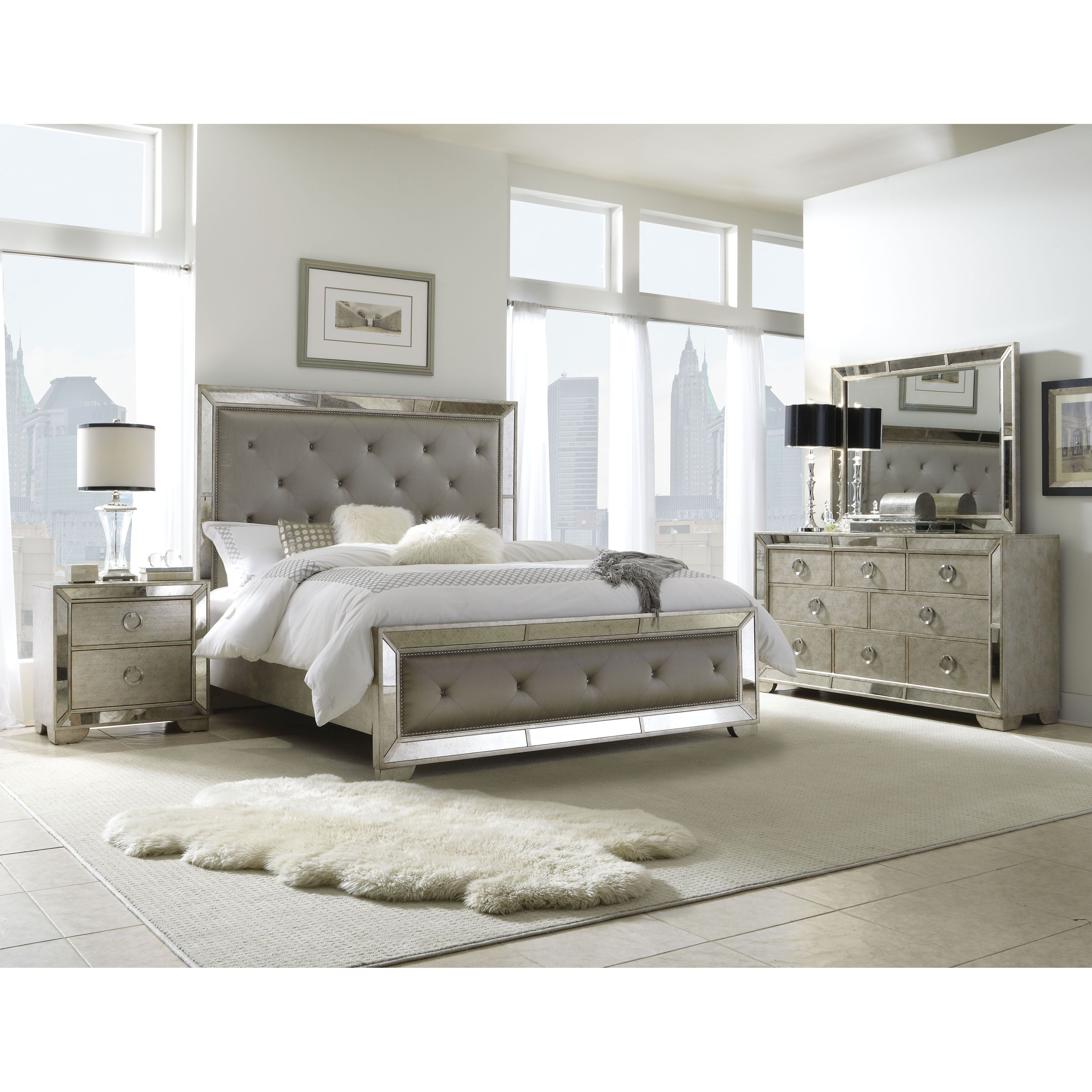 Celine 6 Piece Mirrored And Upholstered Tufted Queen Size Bedroom in sizing 3500 X 3500