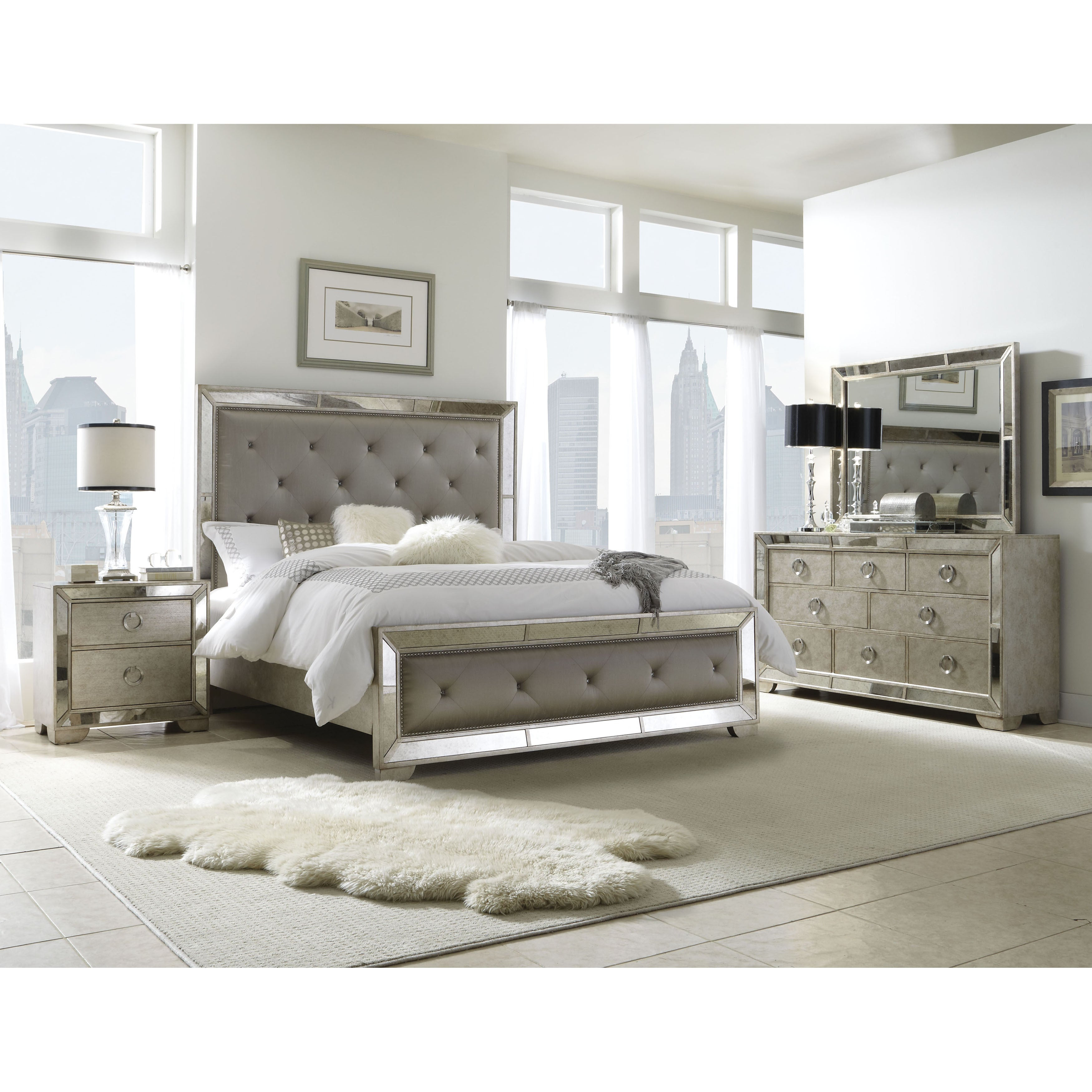 Celine 6 Piece Mirrored And Upholstered Tufted Queen Size Bedroom Set inside measurements 3500 X 3500