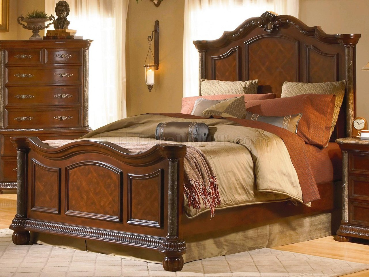 Cherry Finish Mediterranean Classic 5pc Bedroom Set Wmarble Top within dimensions 1280 X 961