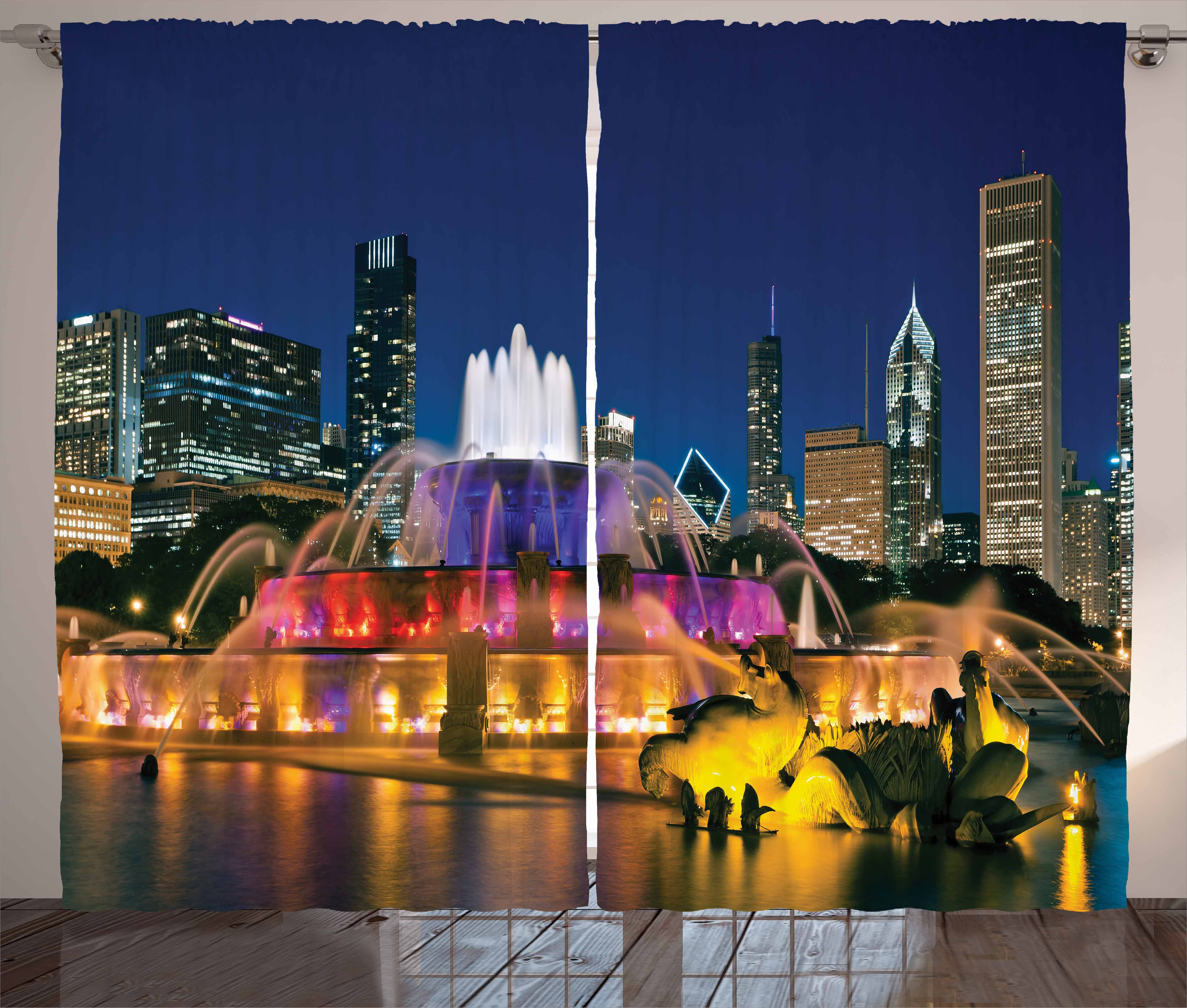 Chicago Skyline Curtains 2 Panels Set Buckingham Fountain Landmark In The Center Of Grant Park Vibrant Night Window Drapes For Living Room Bedroom inside dimensions 4536 X 3852