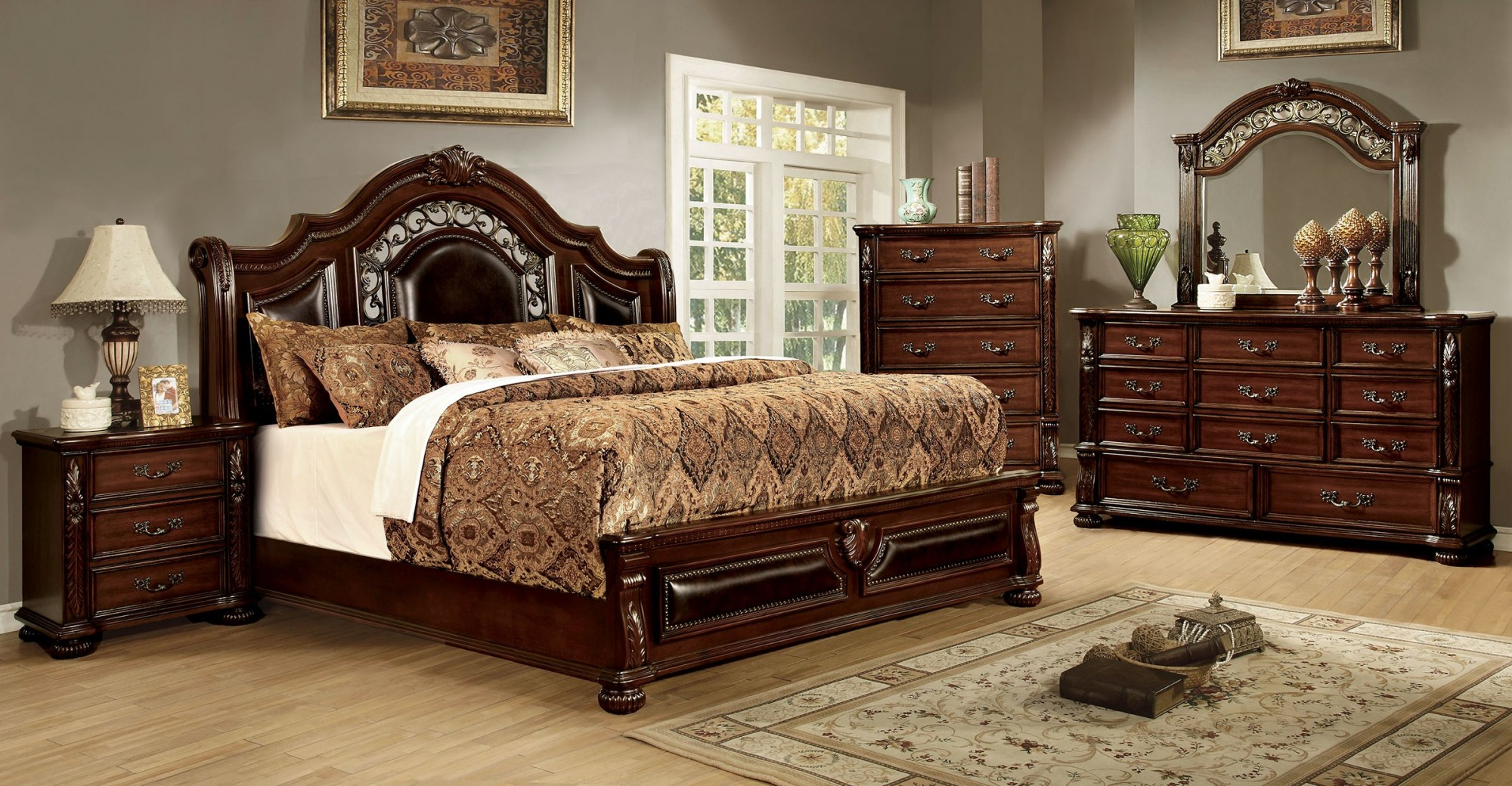 Cm7588 Bedroom Set Traditional Style Brown Cherry Finish intended for size 2000 X 1040