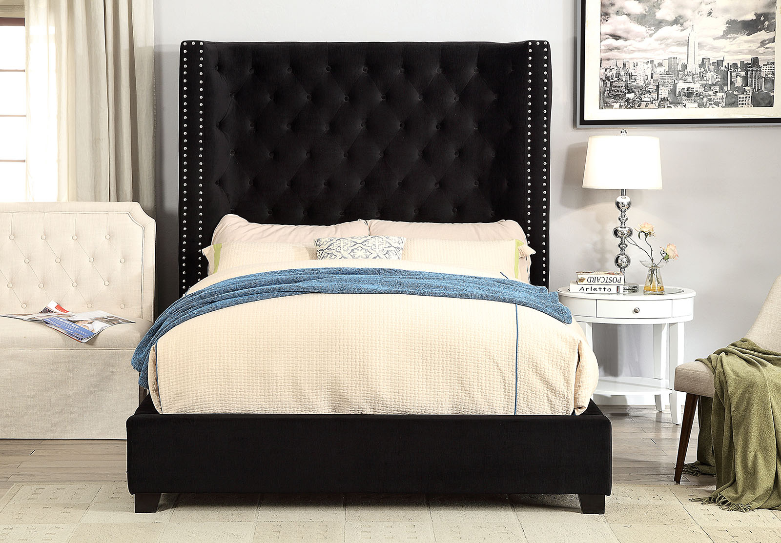 Cm7679bk Mirabelle Black Fabric And Tufted Tall Queen Headboard Bed Frame Set with regard to dimensions 1600 X 1113