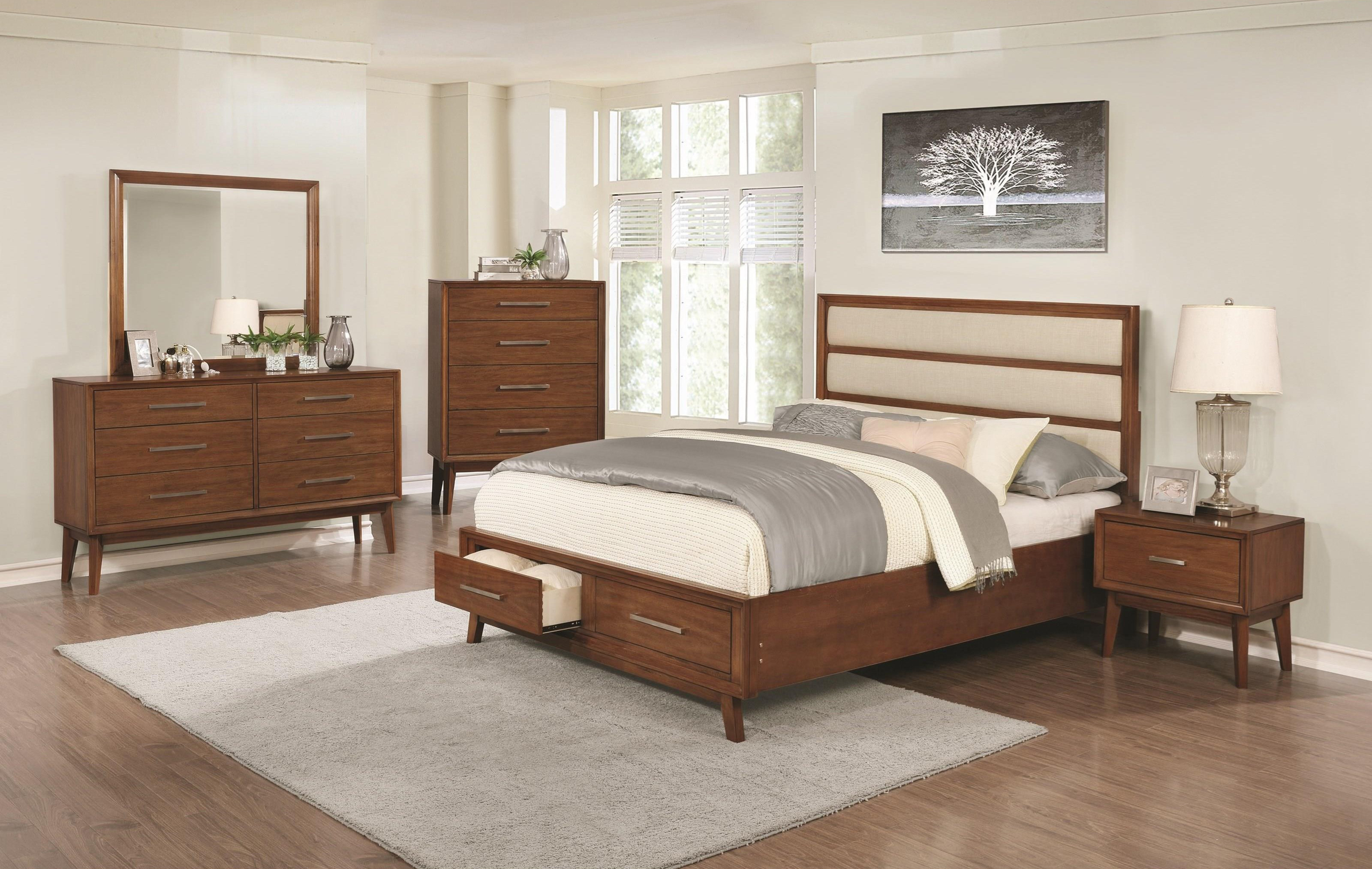 Coaster Furniture Banning 4 Piece Upholstered Panel Bedroom Set In Dark Mango intended for dimensions 3200 X 2026