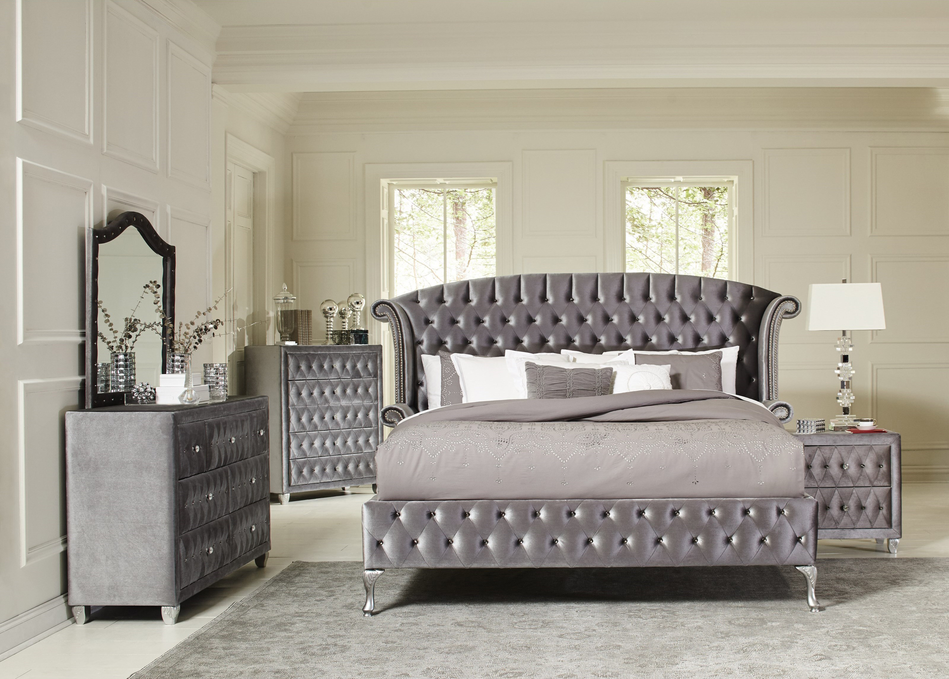Coaster Furniture Deanna 4 Piece Upholstered Platform Bedroom Set In Grey intended for measurements 3200 X 2290