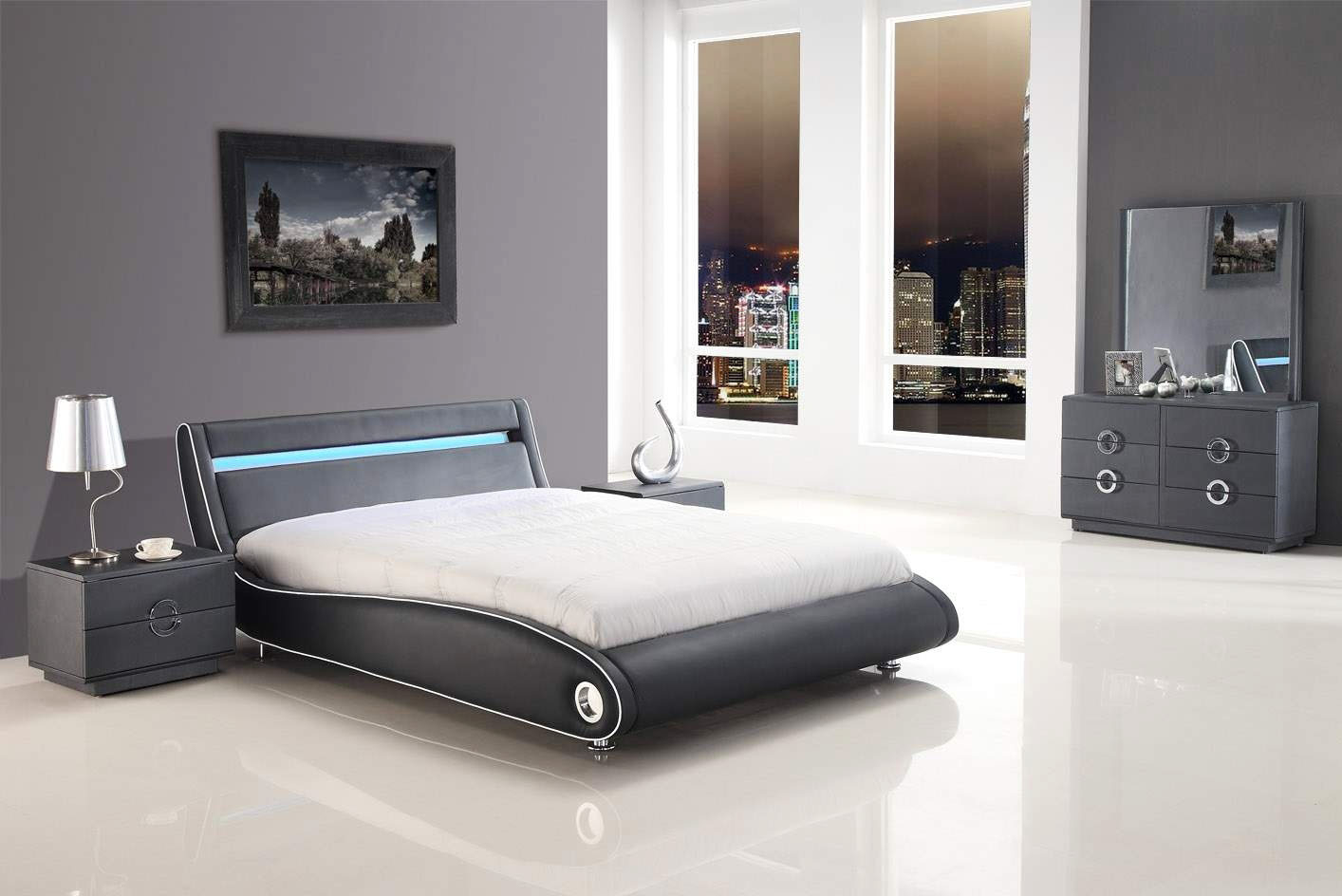 Contemporary Bedroom Sets In Grey Color With City View On The with regard to size 1414 X 944