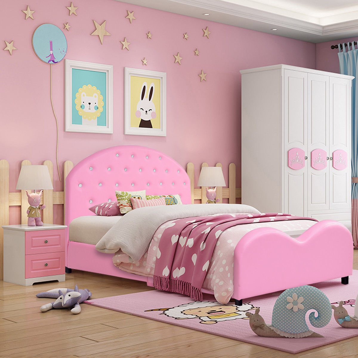 Costway Kids Children Pu Upholstered Platform Wooden Princess Bed Bedroom Furniture Pink intended for measurements 1200 X 1200