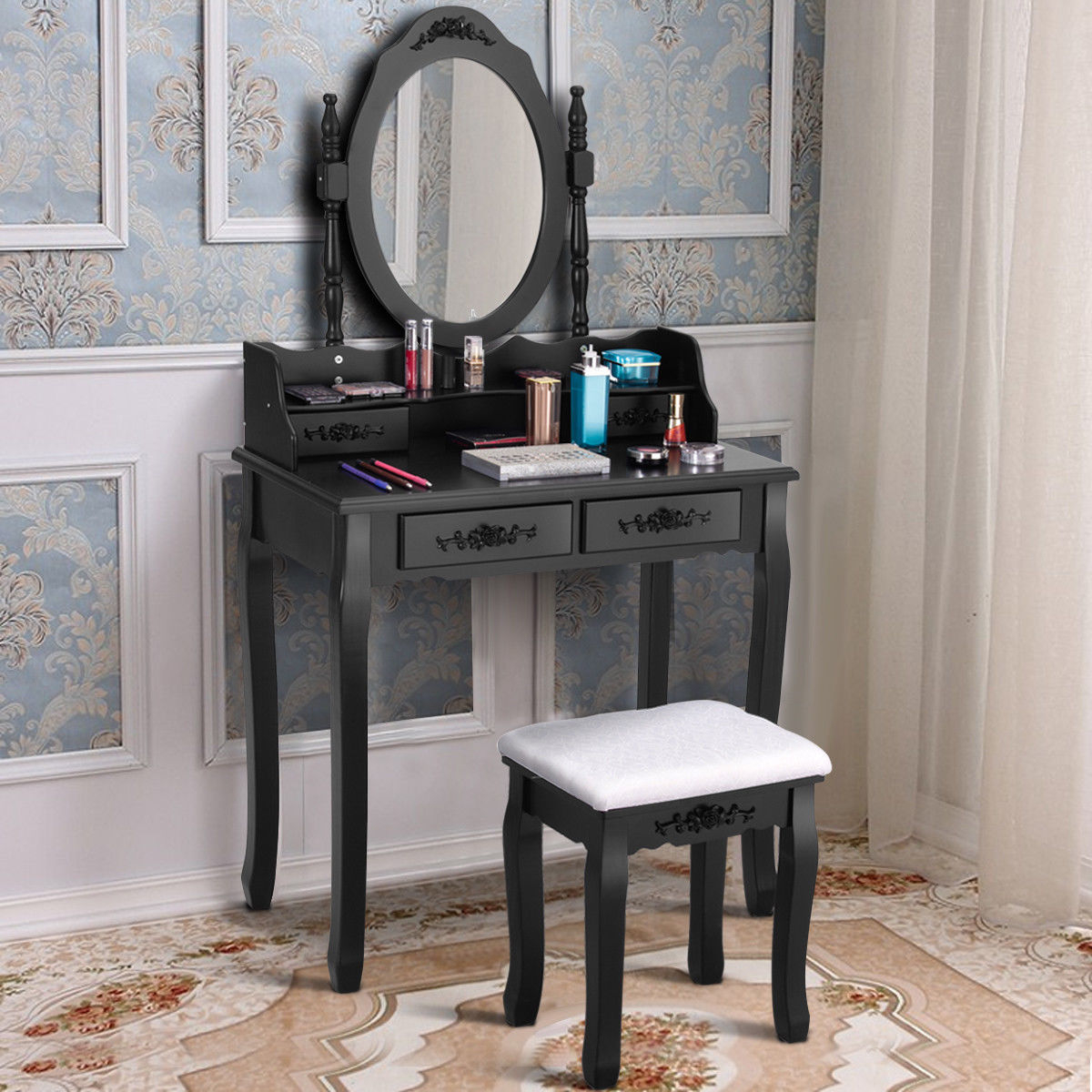 Costway Vanity Wood Makeup Dressing Table Stool Set Bedroom Mirror 4 Drawers Black with measurements 1200 X 1200