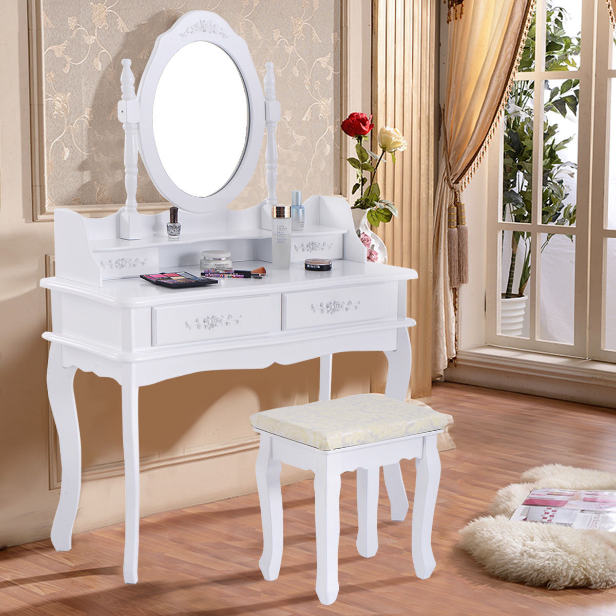 Costway White Vanity Makeup Dressing Table Set Mirror Jewelry Storage Wstool 4 Drawer throughout sizing 1200 X 1200