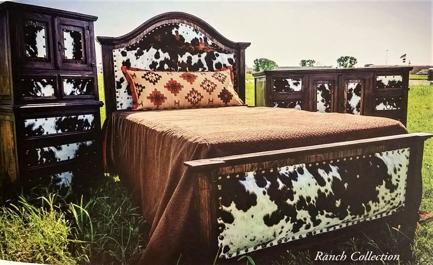 Cowhide Headboard Footboard Bed Set Western Furniture Rustic within size 1522 X 932