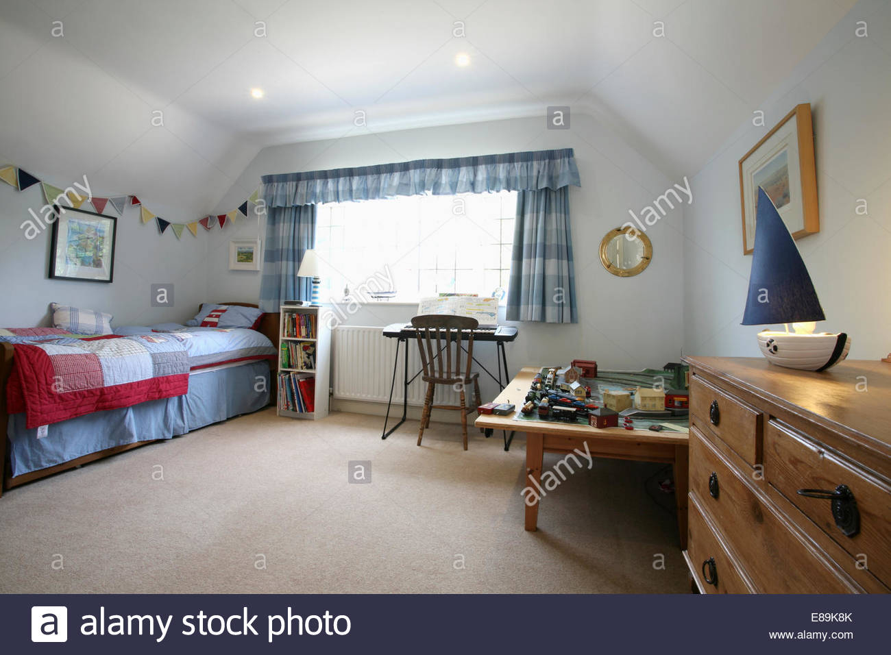 Cream Carpet And Blue White Checked Curtains In Boys Bedroom With pertaining to dimensions 1300 X 956