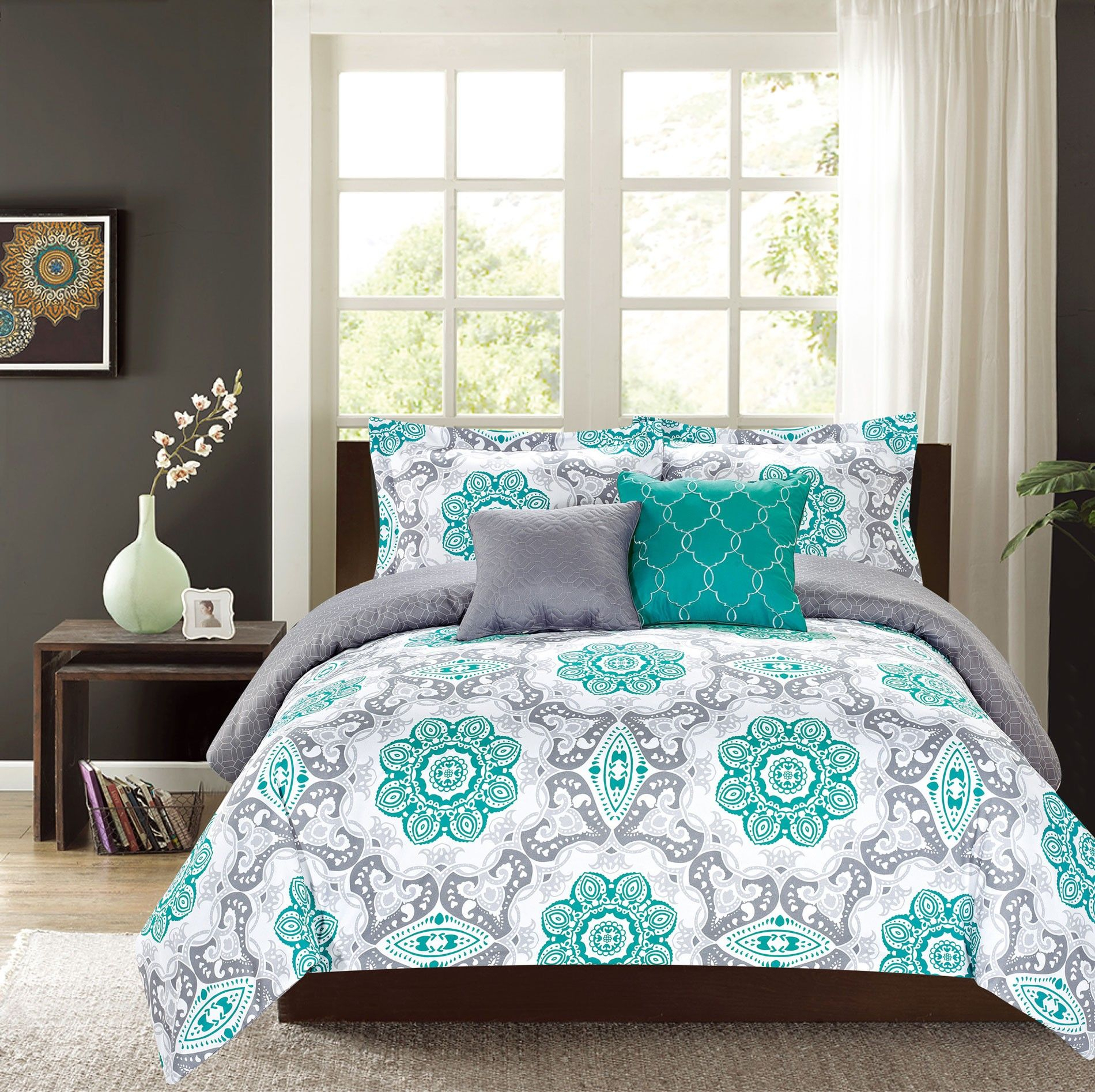 Crest Home Sunrise King Comforter 5 Pc Bedding Set Teal And Grey in size 1900 X 1894