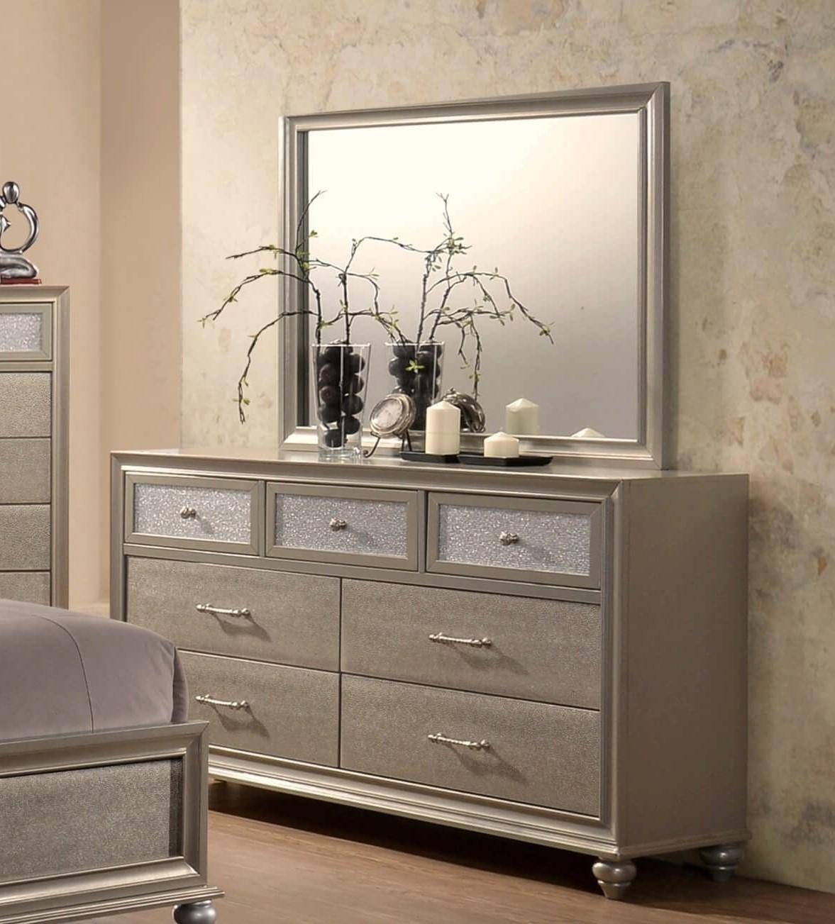 Crown Mark B4390 Lila Queen Platform Bedroom Set 6 Pcs In Silver Vinyl in proportions 1177 X 1303