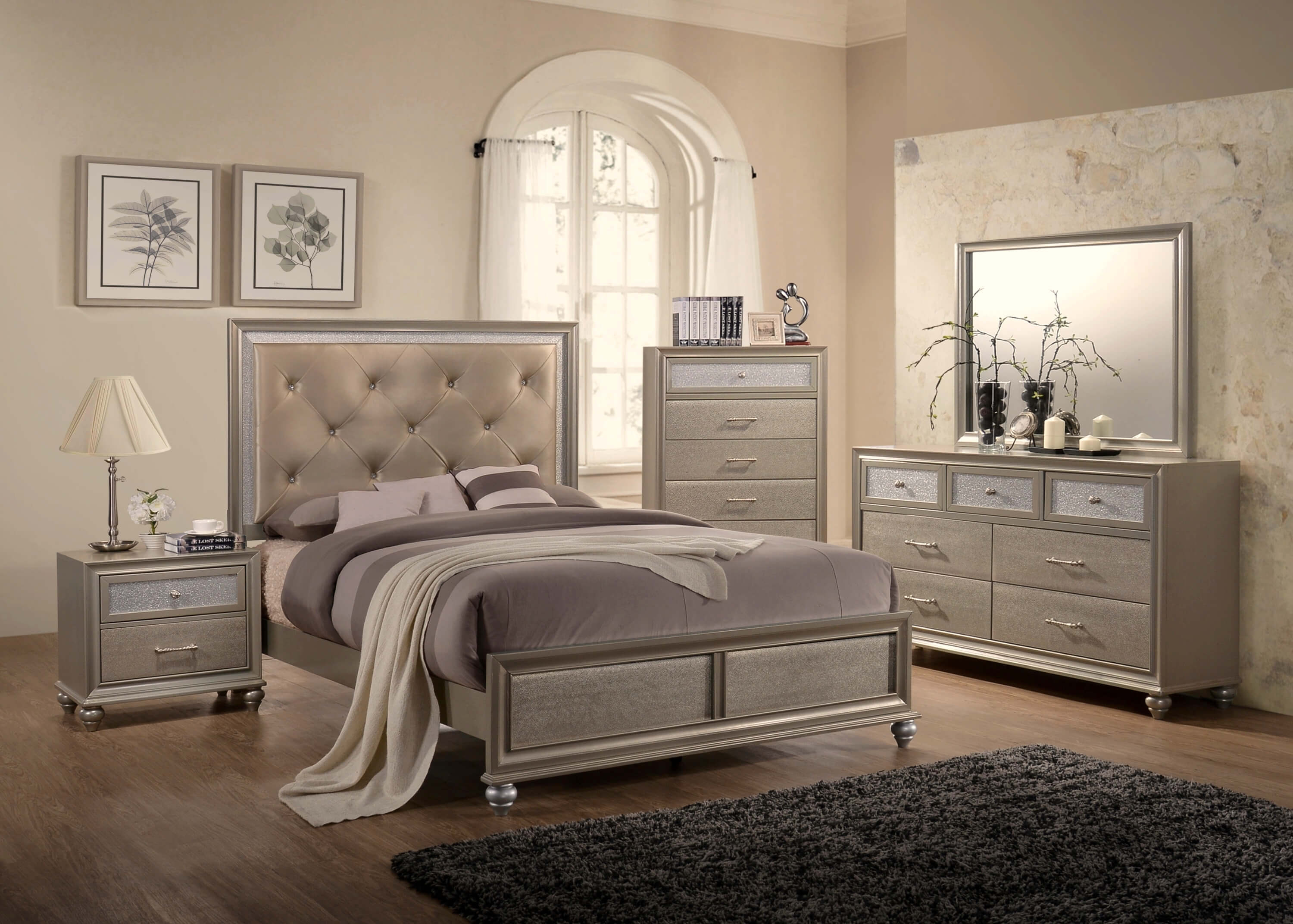 Crown Mark Furniture Lila 4 Piece Panel Bedroom Set In Champagne Faux for measurements 3000 X 2143