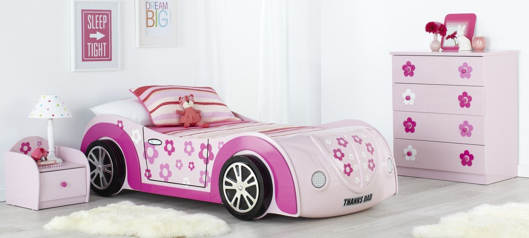 Daisy Kids Car Bed And Themed Bedroom Furniture Suite With Pink And with proportions 1688 X 762