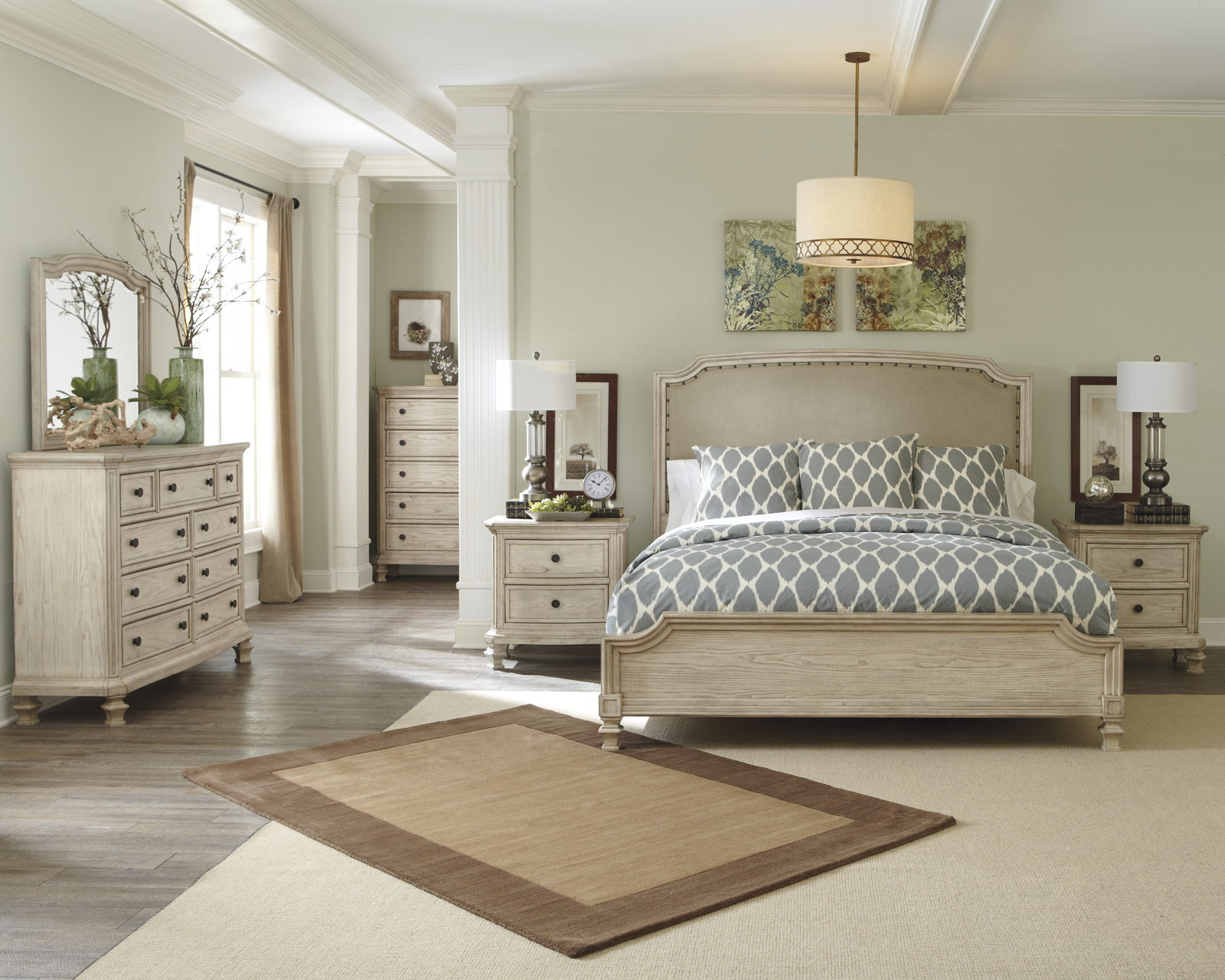 Demarlos 4pc Upholstered Panel Bedroom Set In Parchment White for proportions 1600 X 1280