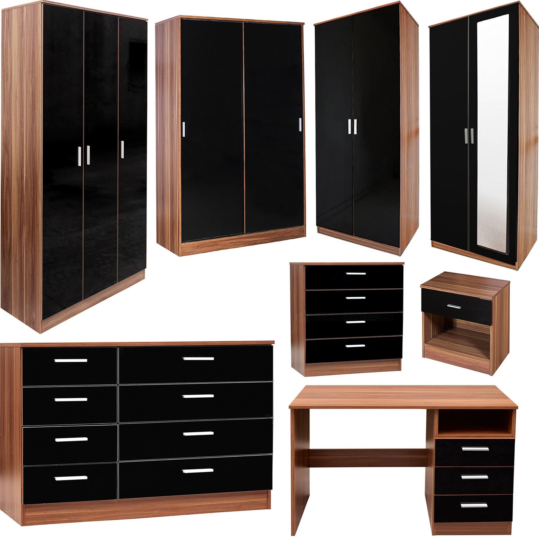 Details About Bedroom Furniture 3 Piece Set Black Gloss Walnut Wardrobe Bedside Drawer Chest with regard to proportions 1800 X 1800