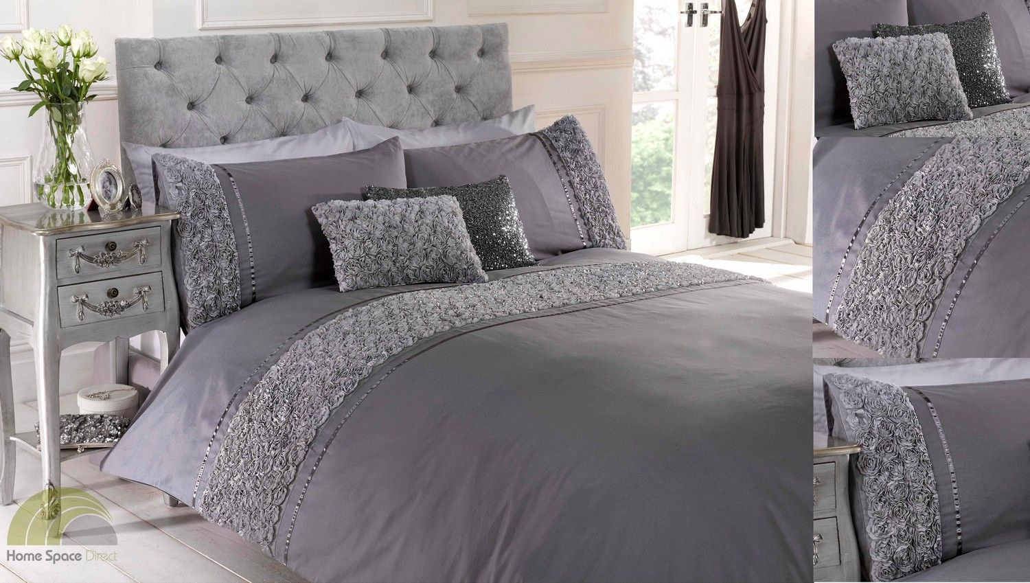 Details About Greysilver Raised Rose Duvet Quilt Cover Bed Set throughout sizing 1500 X 849