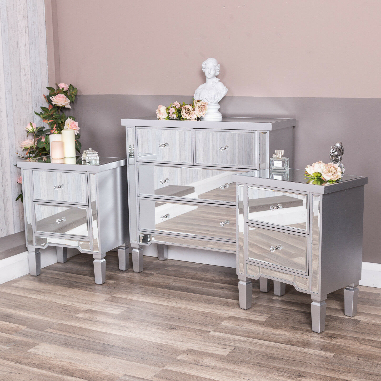 Details About Mirrored Furniture Silver Set Chest And Bedside Tables Hallway Bedroom Glass inside measurements 1600 X 1600