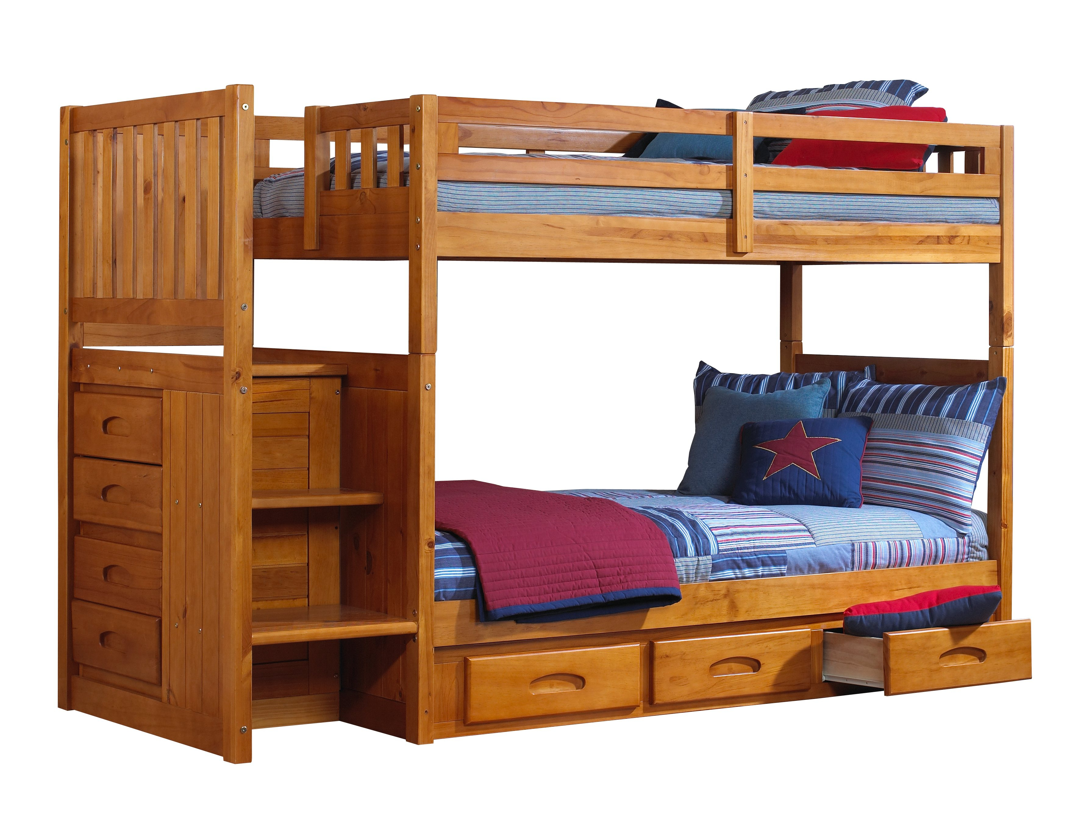 Discovery World Furniture Twin Over Twin Honey Mission Staircase Bunk Beds With Desk Hutch Chair And Bookcase in size 3572 X 2700