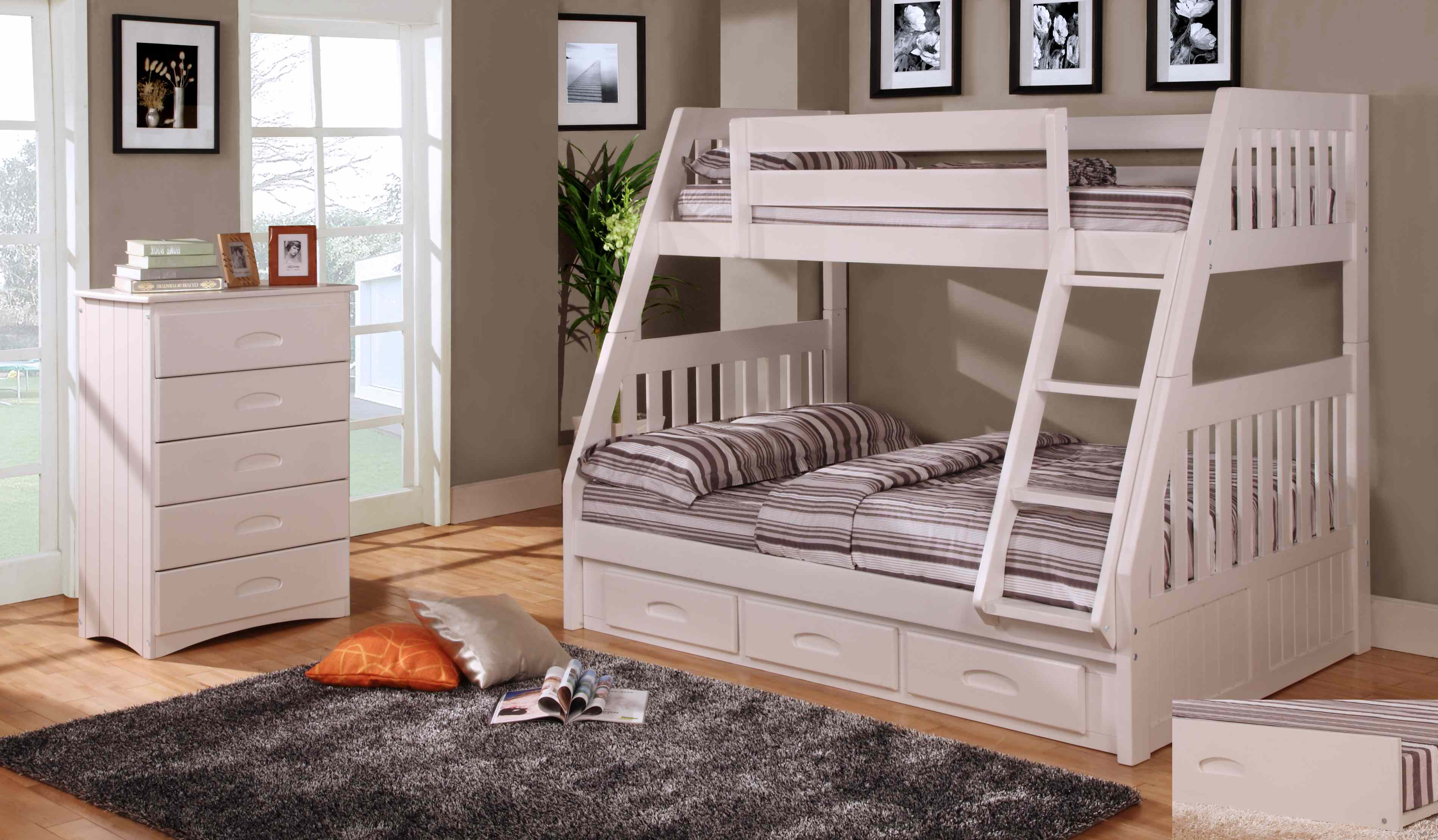 Discovery World Furniture White Twin Over Full Bunk Bed With 5 Drawer Chest intended for dimensions 3798 X 2220