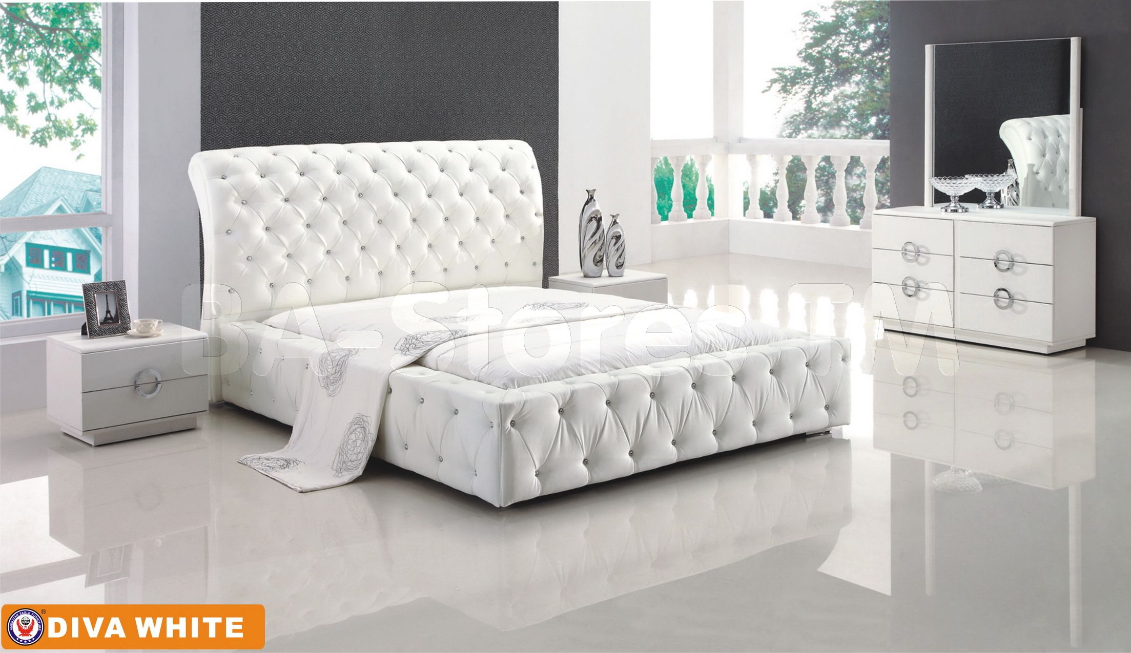 Diva White 5 Pc Bedroom Set Bed 2 Nightstands Dresser And Mirror throughout sizing 2207 X 1275