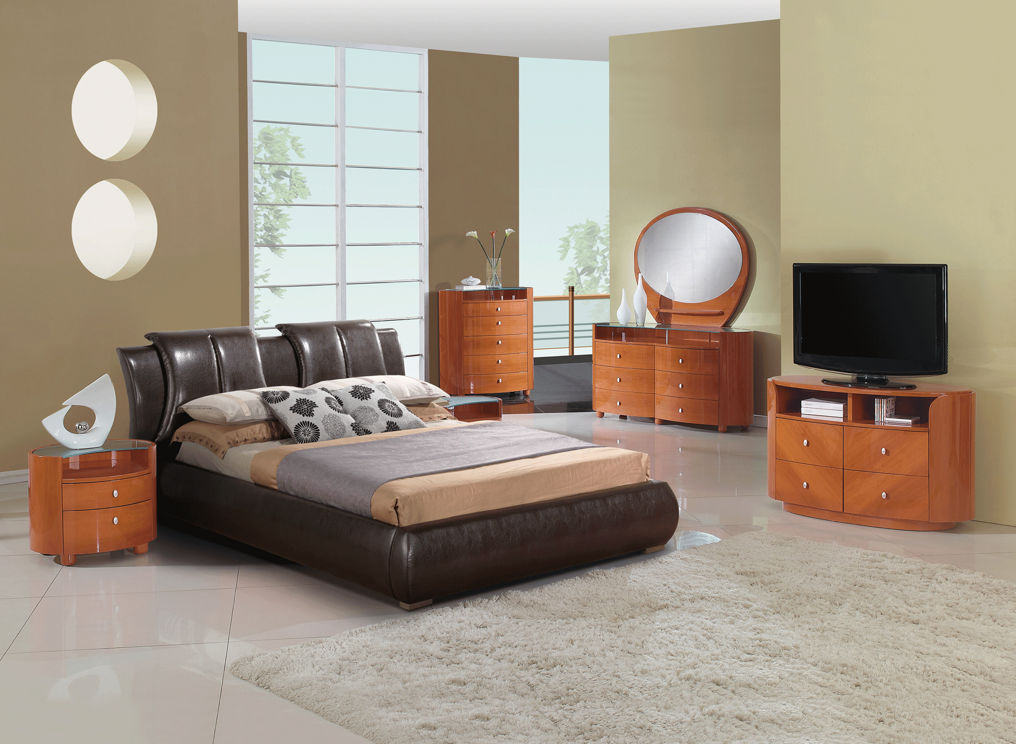 Emily Cherry Glossy Bedroom Set W8269 Brown Pu Bed Global Furniture intended for proportions 2000 X 1466