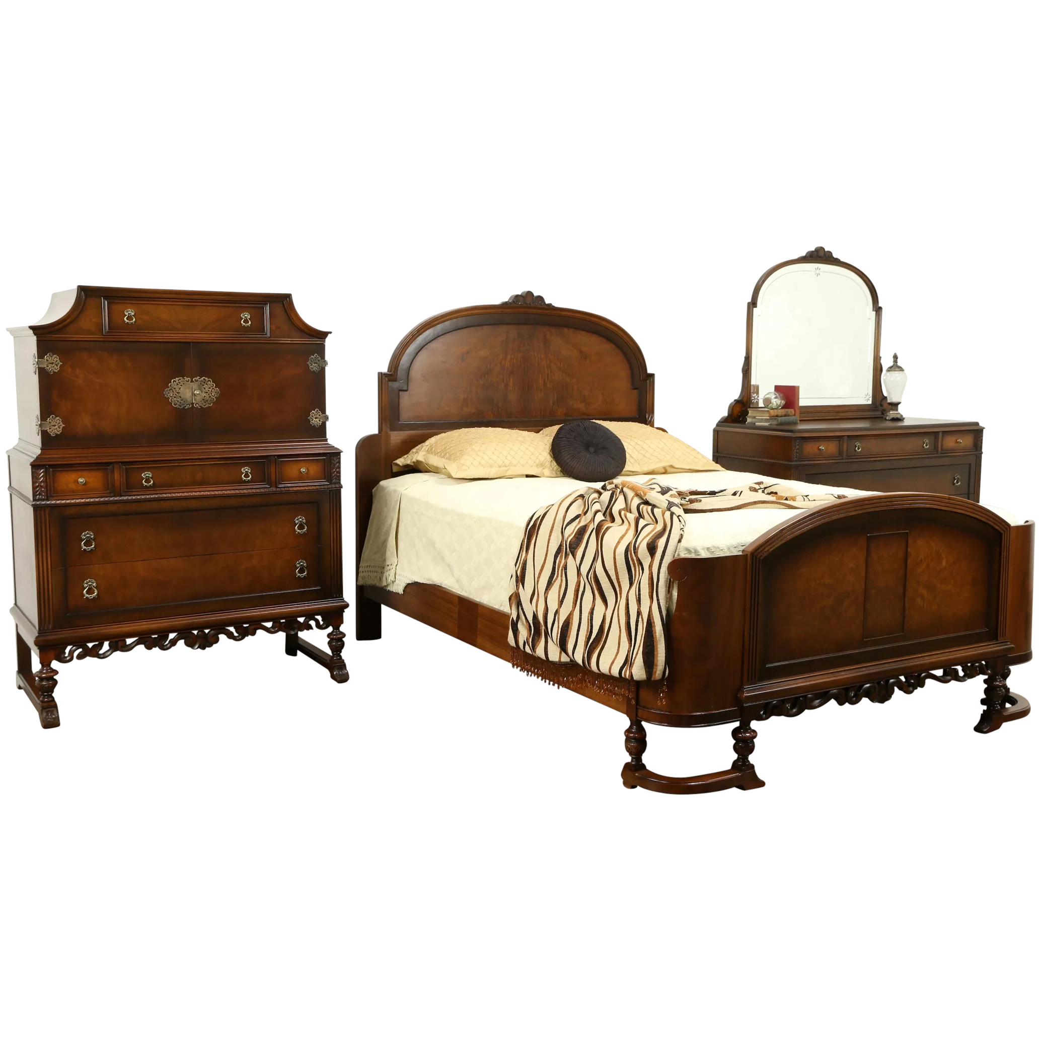 English Tudor Style Antique 1920 Walnut 3pc Bedroom Set Queen Size Bed 31125 throughout sizing 2068 X 2068