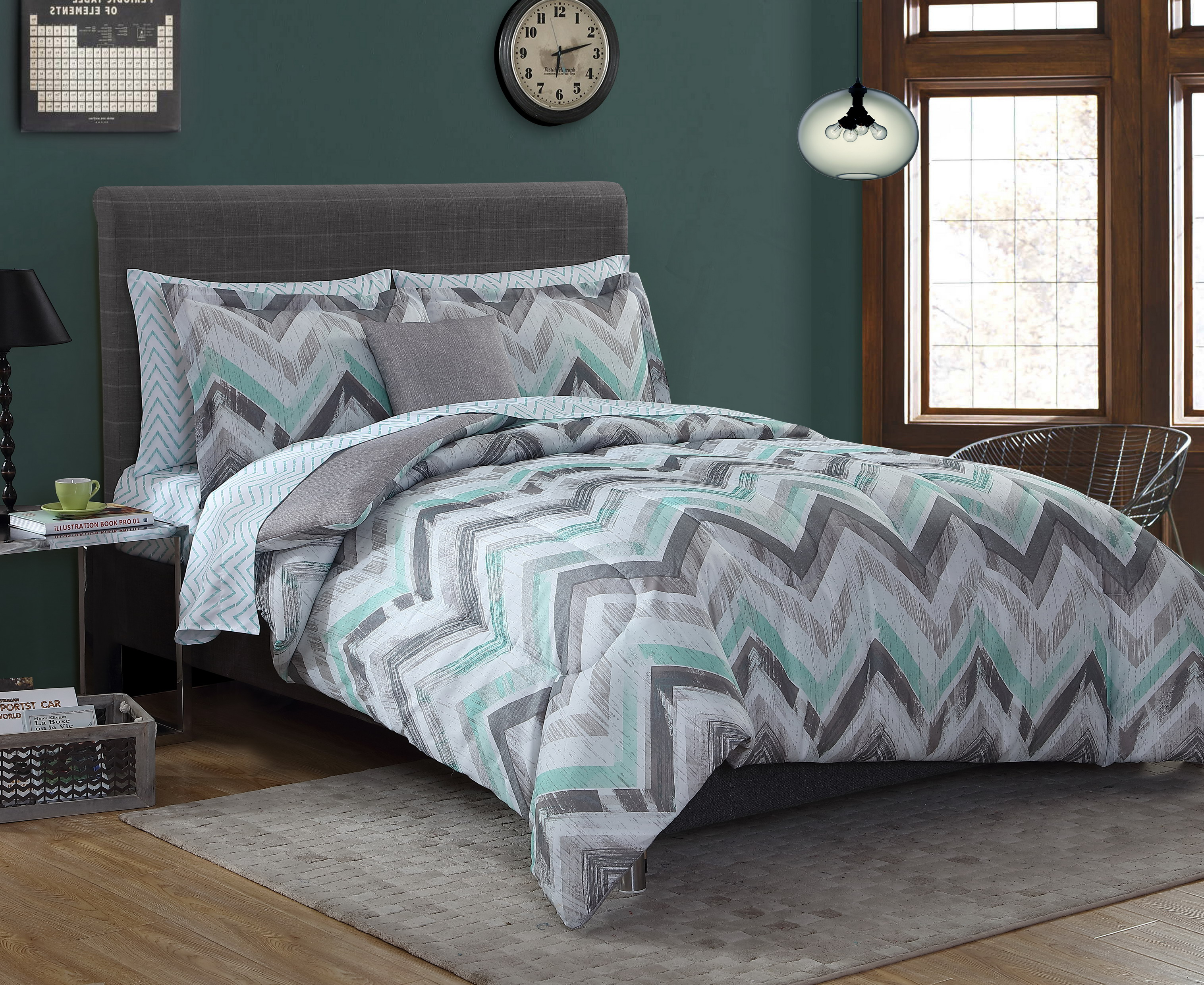 Essential Home Complete Bed Set Chevron Gray Mint Green Master pertaining to sizing 3032 X 2481