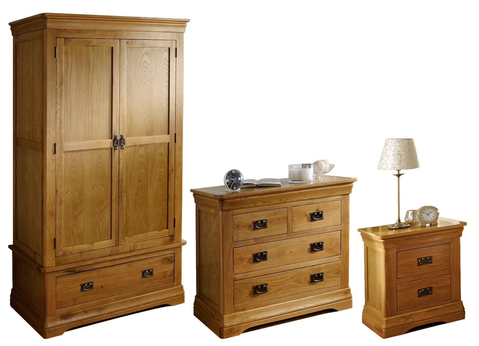 Farmhouse Oak Bedroom Furniture Set Double Wardrobe 2 Over 2 Chest 2 Drawer Bedside for size 1657 X 1200