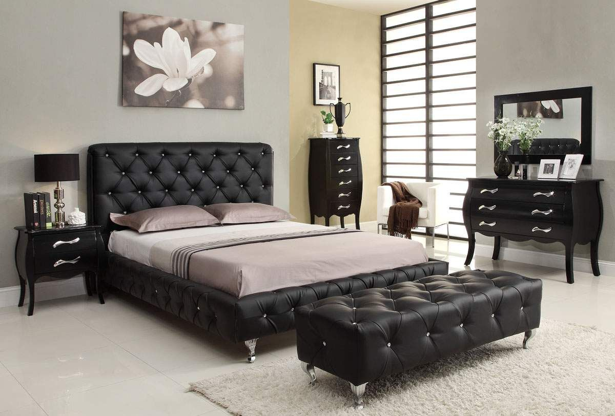 Fashion Euro Bed Group With Black Leather Tufted Headboard Bed with measurements 1200 X 812