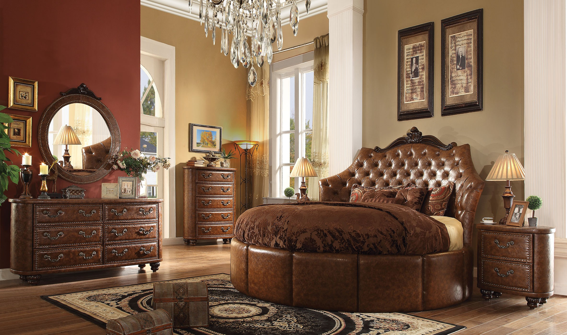 Formal Traditional Cherry Brown Round Bed Bedroom Set 25157rd intended for sizing 2365 X 1399