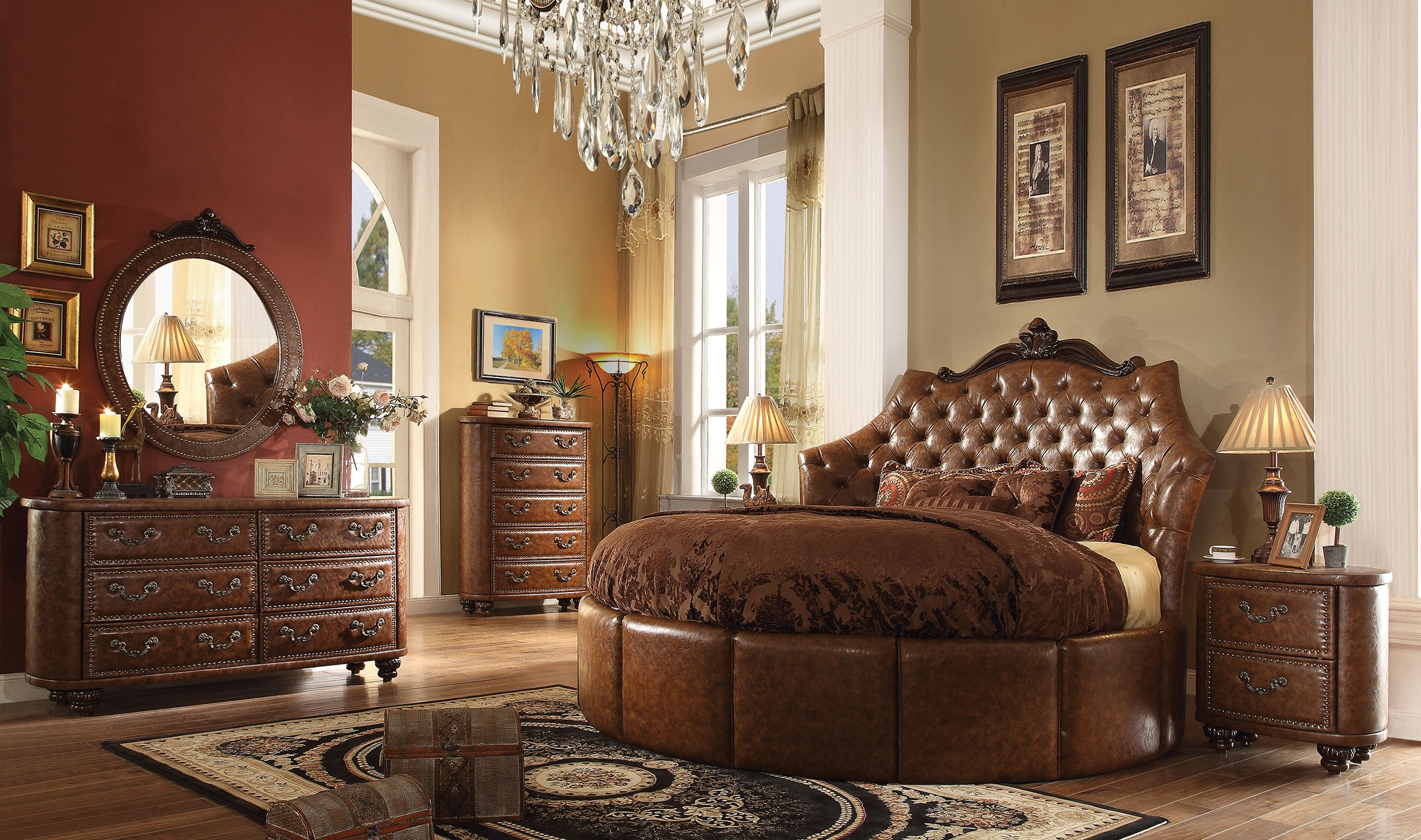 Formal Traditional Cherry Brown Round Bed Bedroom Set 25157rd with proportions 2365 X 1399