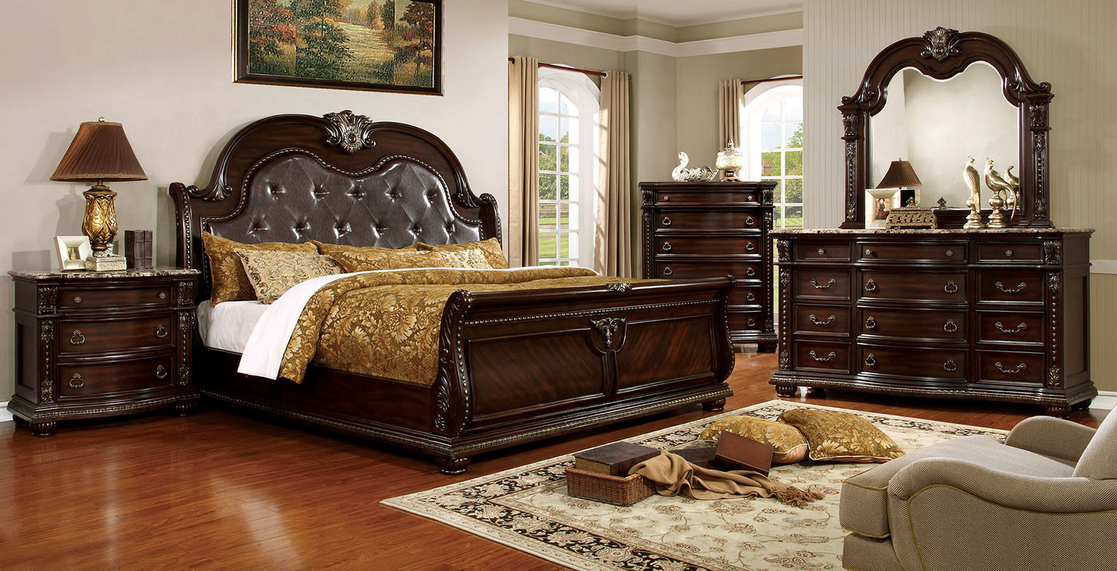 Fromberg Button Tufted Traditional Brown Cherry Marble Top Bedroom Set within dimensions 1600 X 819