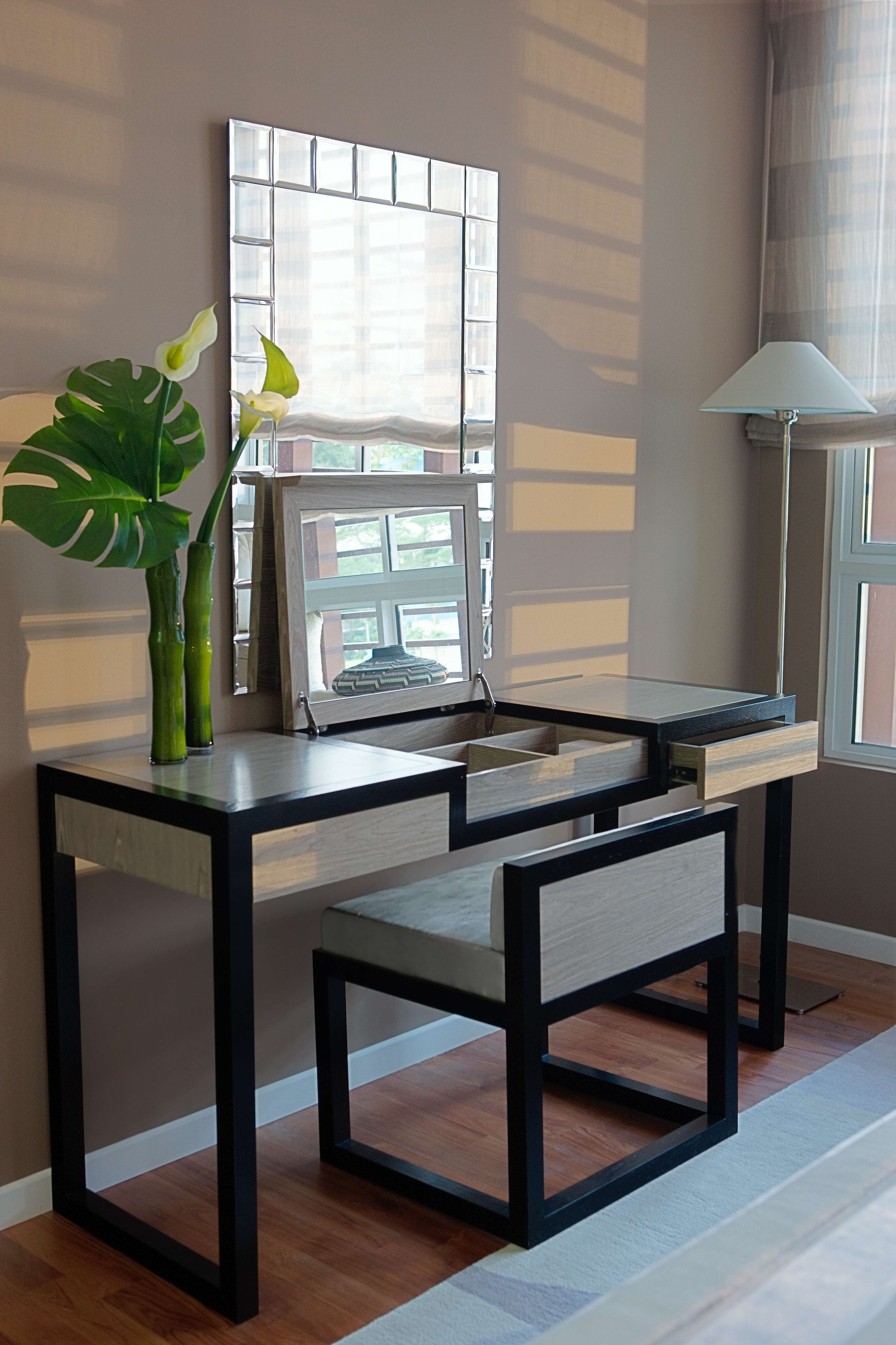 Furniture Modern Black Bedroom Vanity With Upholstered Vanity Chair intended for size 3744 X 5616