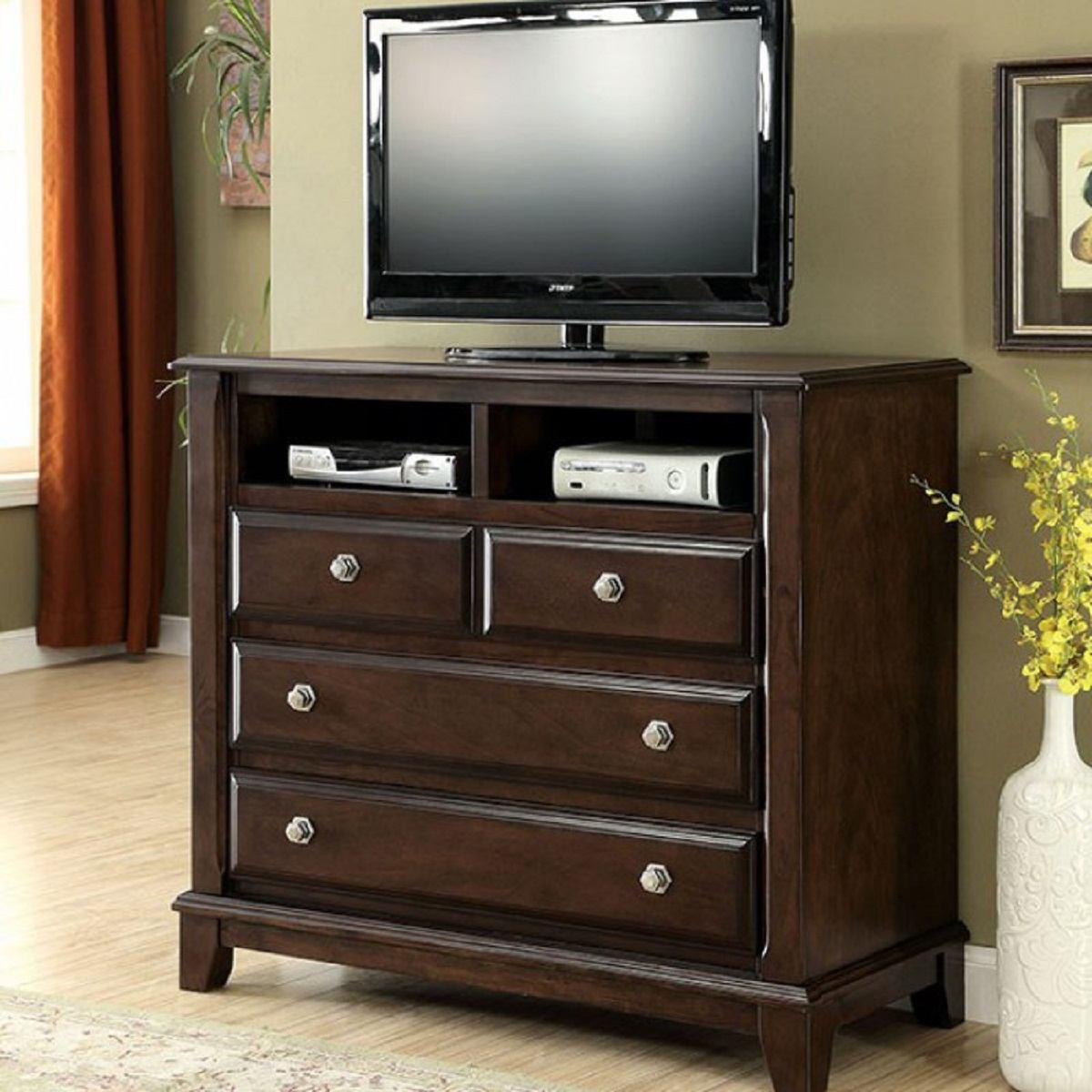 Furniture Of America Litchville 4 Drawer Media Chest In Brown Cherry Cm7383tv with regard to proportions 1200 X 1200