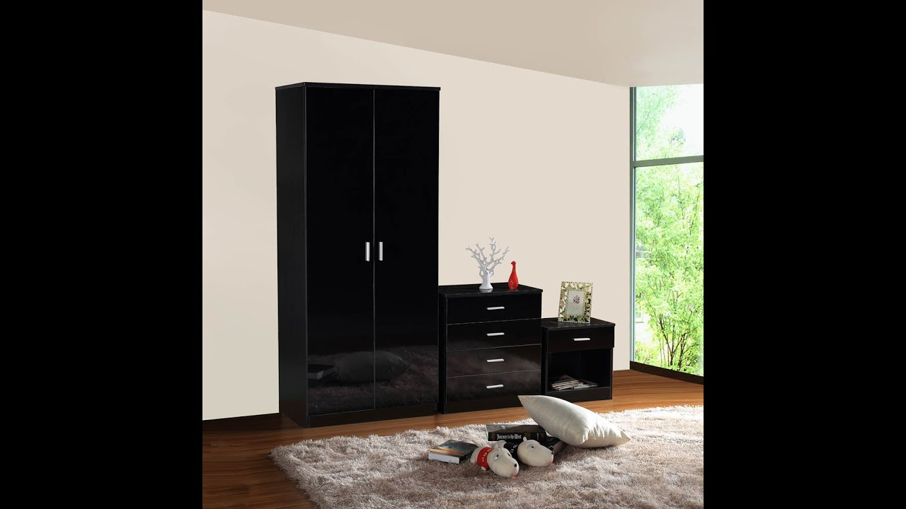 Gladini Black High Gloss 3 Piece Bedroom Furniture Set Wardrobe Chest Bedside inside size 1280 X 720