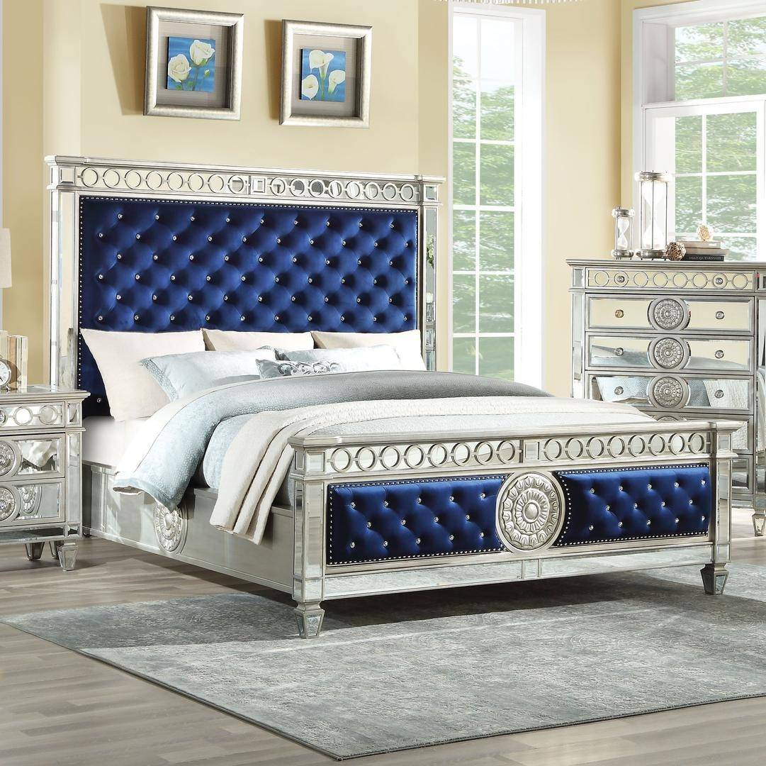 Glam King Bedroom Set 3p Blue Tufted Velvet Mirrored Inlay Varian for dimensions 1081 X 1080