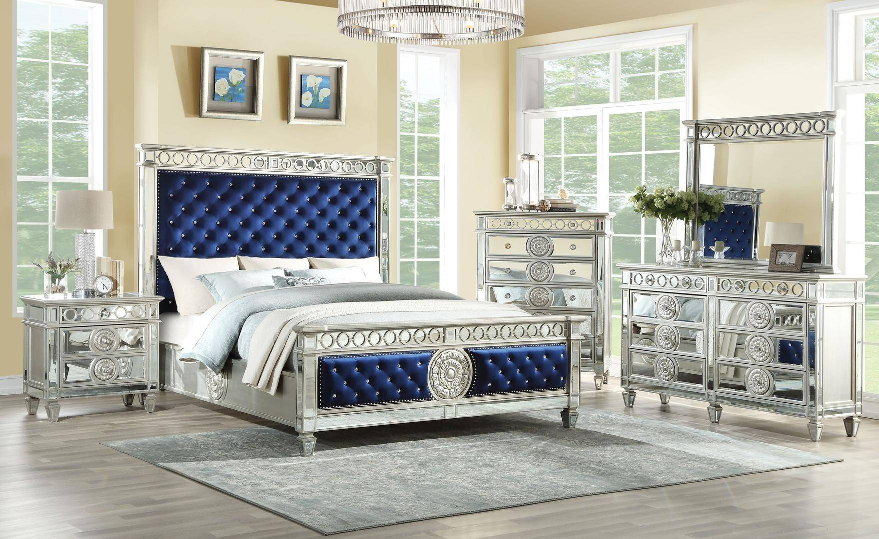 Glam King Bedroom Set 3p Blue Tufted Velvet Mirrored Inlay Varian within sizing 1759 X 1080