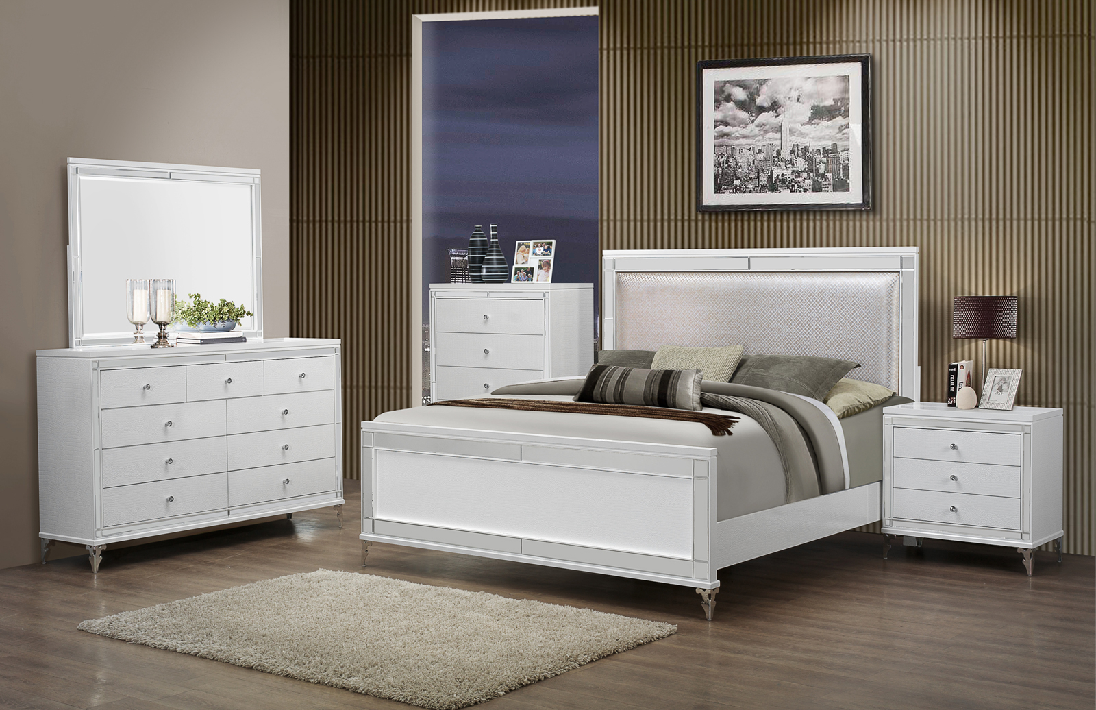 Global Furniture Catalina 4 Piece Panel Bedroom Set In Metallic White inside dimensions 1600 X 1036