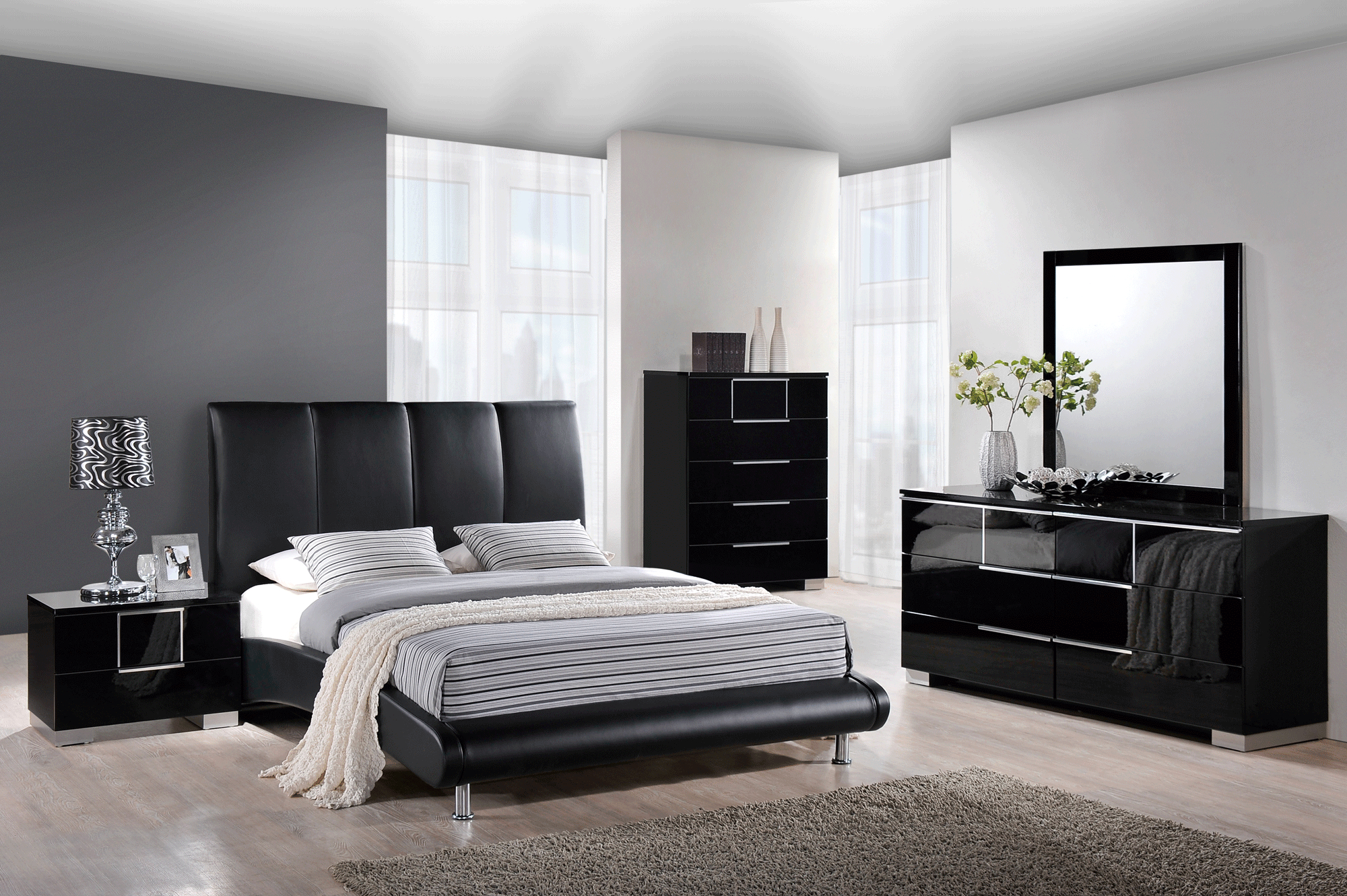 Hailey Black Bedroom Set W8272 Black Pu Bed Global Furniture throughout size 2000 X 1331