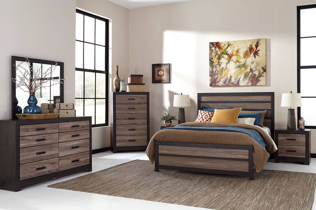 Harlinton Warm Graycharcoal 7 Pc Dresser Mirror Queen Panel Bed 2 Nightstands in sizing 1200 X 800